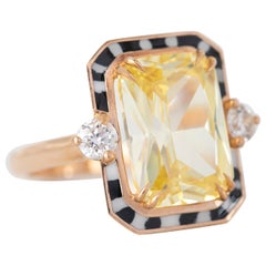 Anello da cocktail in oro 14K con topazio e diamante smaltato Zebra da 9,64 carati