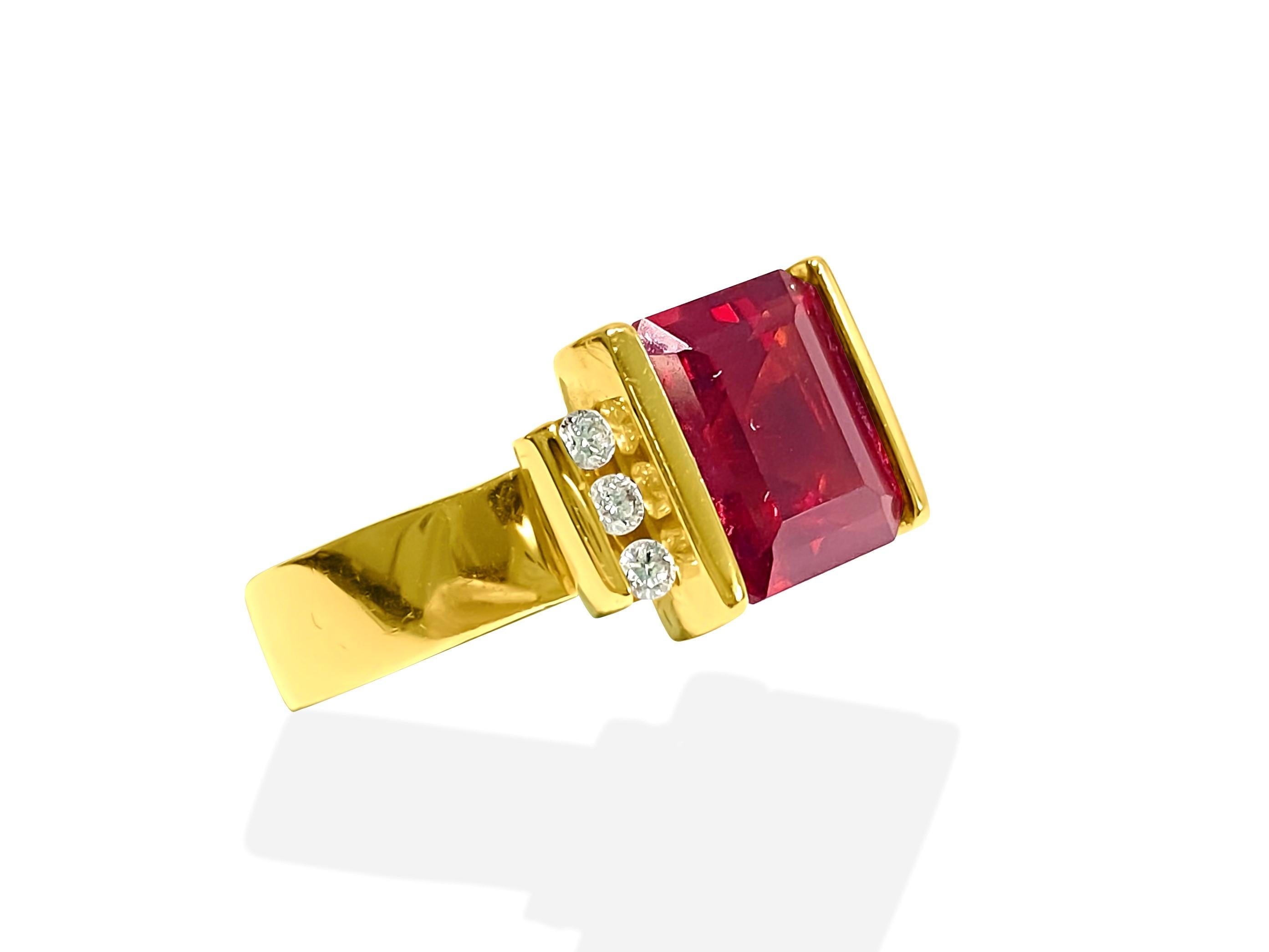 Introducing this stunning gemstone and diamond ring crafted from 14K white gold, featuring a captivating 5.00 carat emerald-cut garnet, set in a tension setting to showcase its natural earth-mined beauty. Complementing the garnet are exquisite round