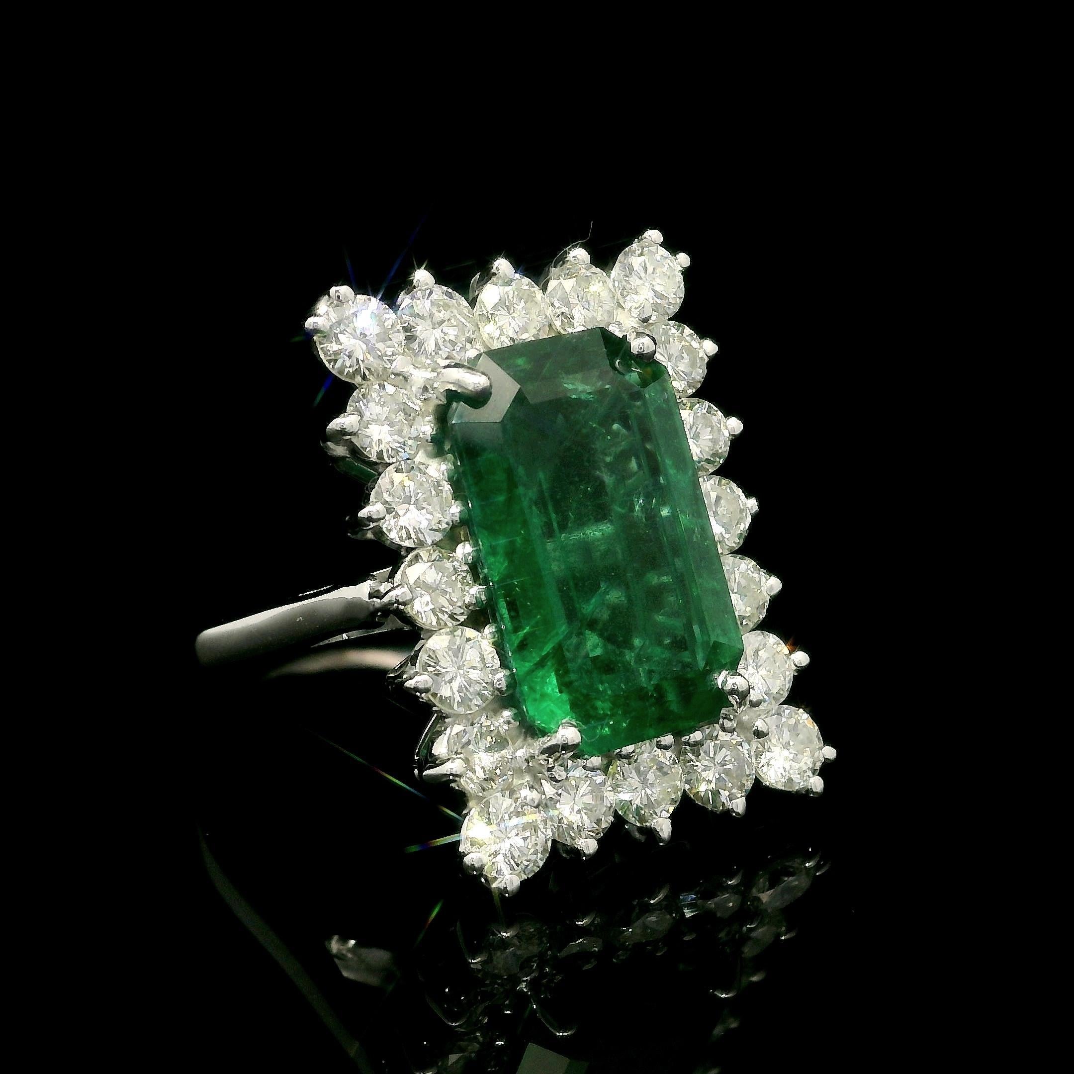 Emerald Cut 14k Gold AGL 6.9ctw Elongated Rectangular Emerald & Diamond Halo Cocktail Ring For Sale