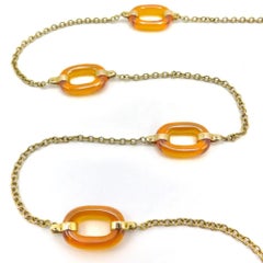 14K Gold  Amber Glass Oval Link Station Necklace Chain
