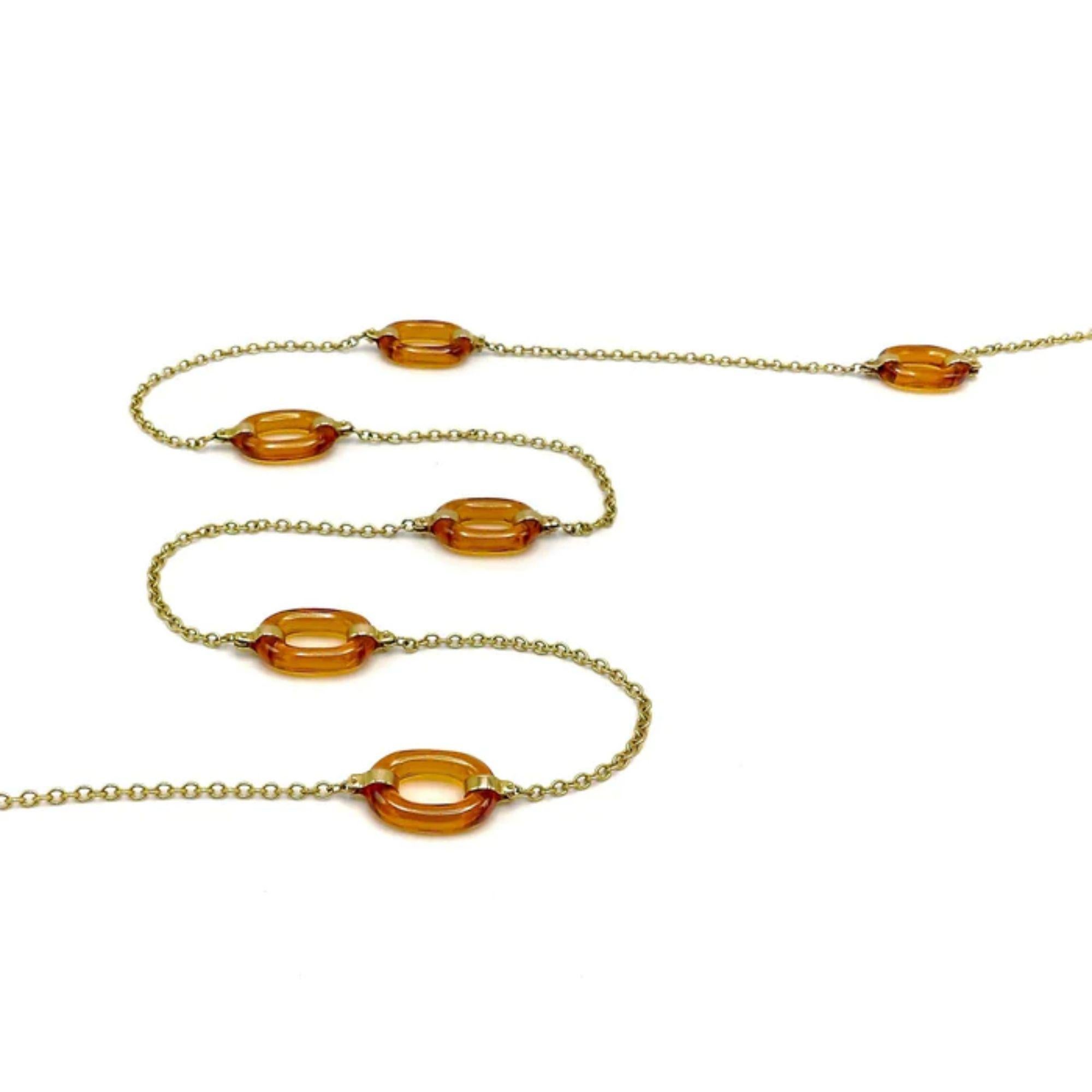 Contemporary 14K Gold  Amber Glass Oval Link Station Necklace Chain For Sale