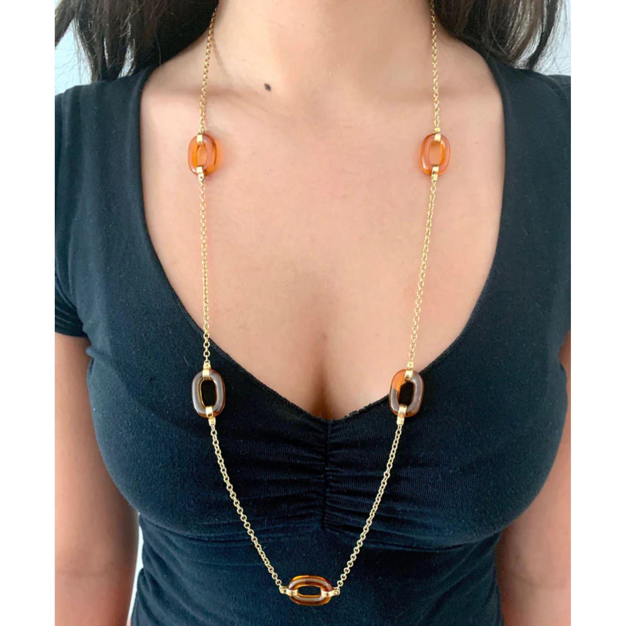 14K Gold  Amber Glass Oval Link Station Necklace Chain In Good Condition For Sale In Venice, CA