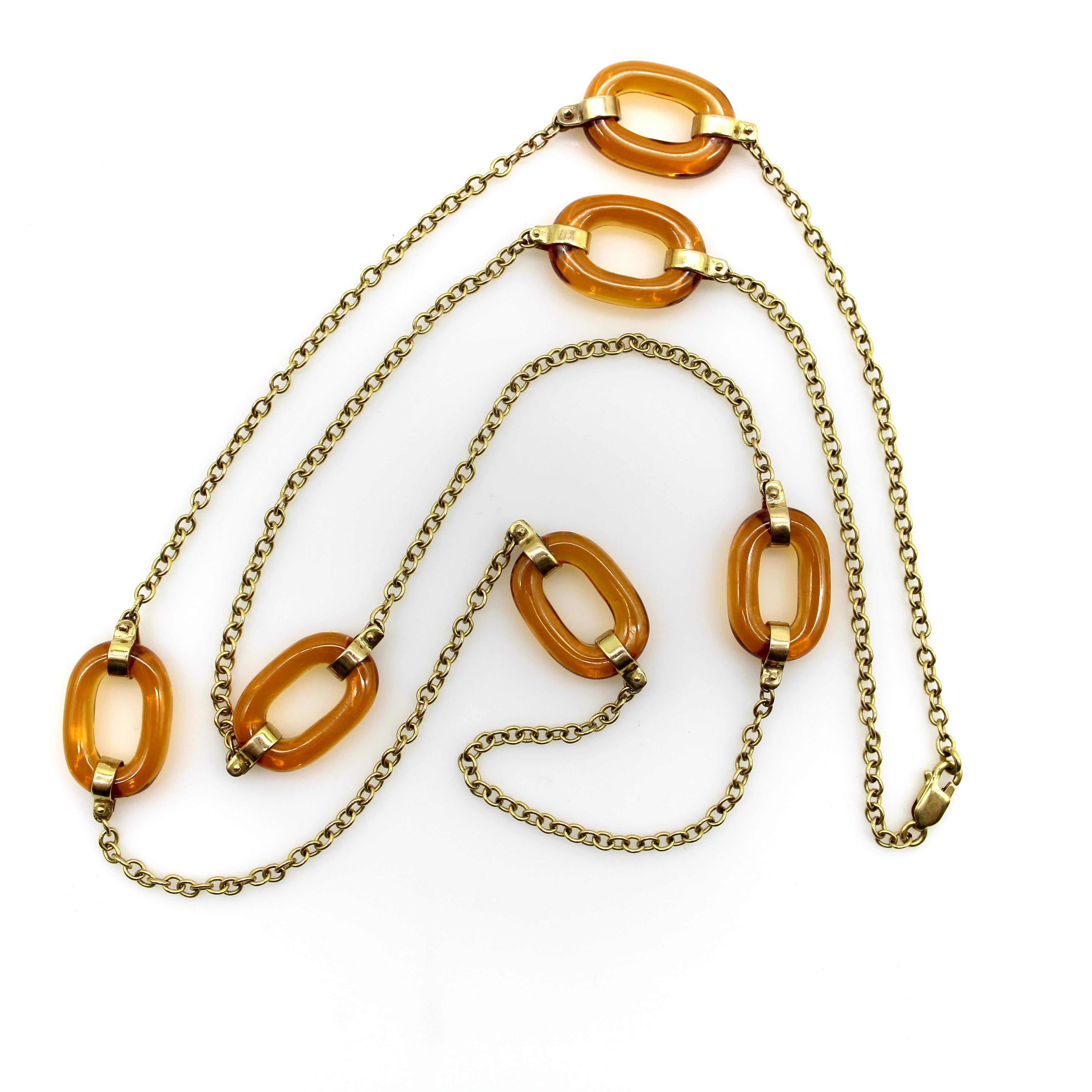Women's 14K Gold  Amber Glass Oval Link Station Necklace Chain For Sale
