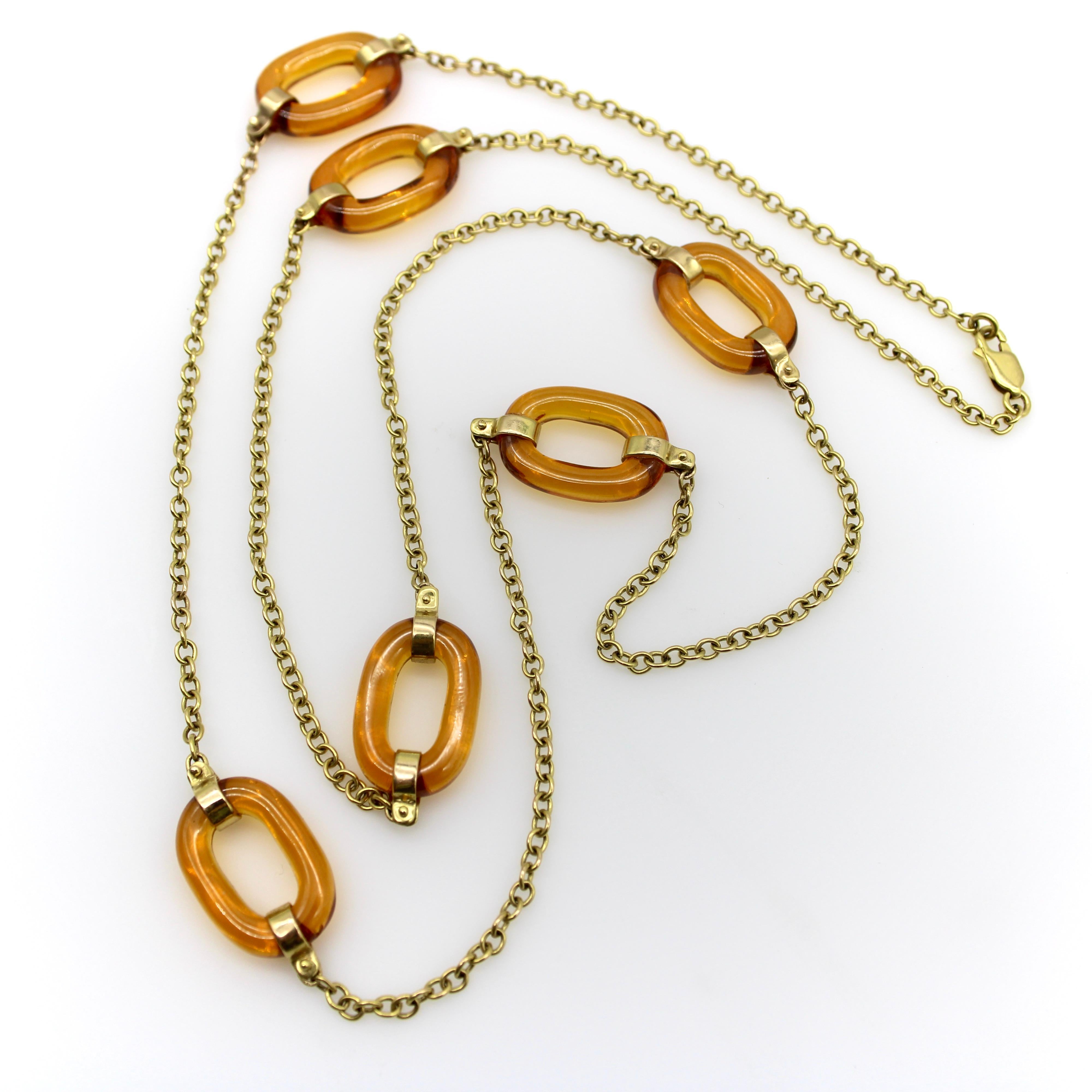 14K Gold  Amber Glass Oval Link Station Necklace Chain For Sale 1
