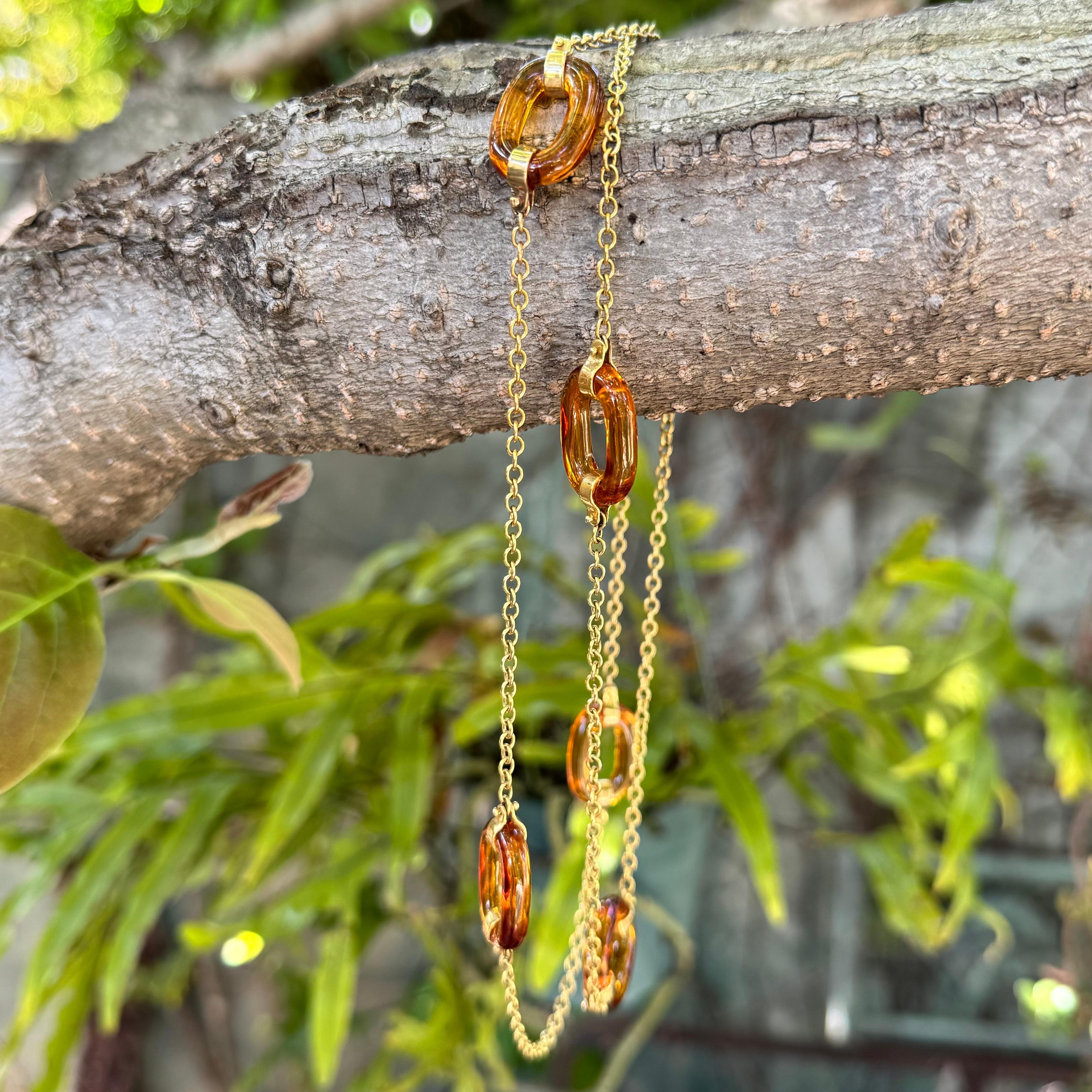14K Gold  Amber Glass Oval Link Station Necklace Chain For Sale 2