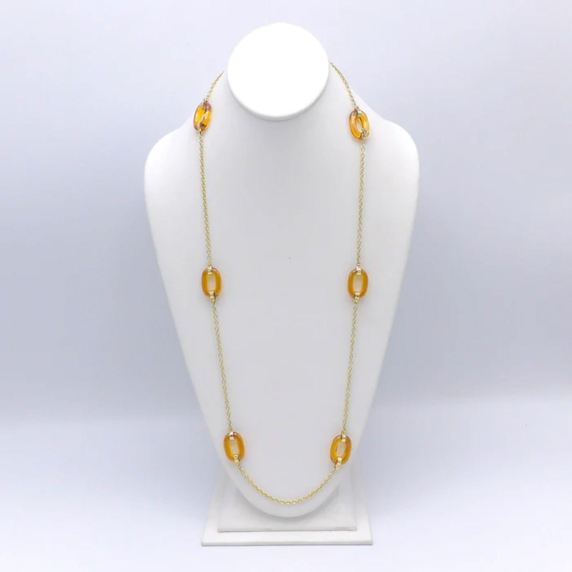 14K Gold  Amber Glass Oval Link Station Necklace Chain For Sale 3