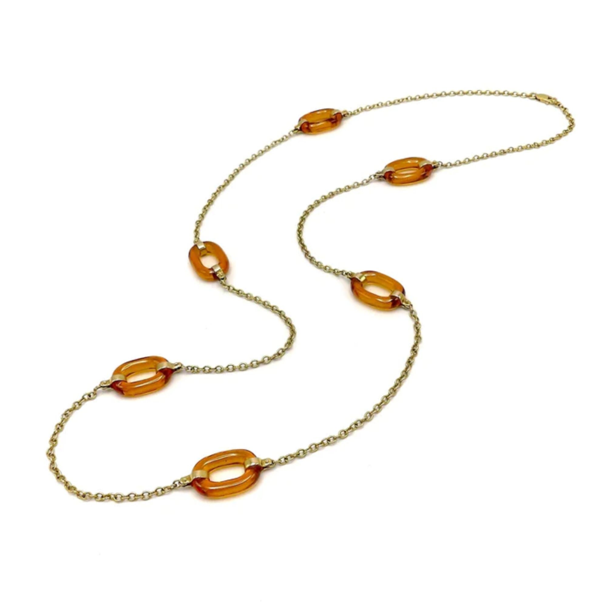 14K Gold  Amber Glass Oval Link Station Necklace Chain For Sale