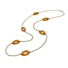 14K Gold  Amber Glass Oval Link Station Necklace Chain