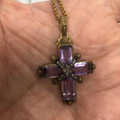 14k Gold American Georgian era Natural Amethyst Diamond Cross Antique Chain