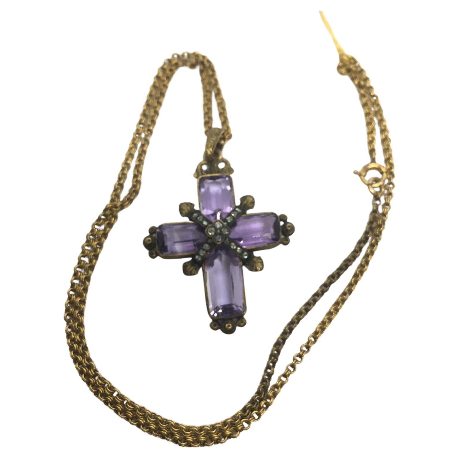 14k Gold American Georgian era Natural Amethyst Diamond Cross Antique Chain For Sale