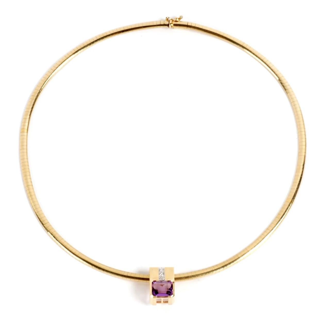 14k Gold, Amethyst, and Diamonds Omega Necklace 21 grams For Sale 1
