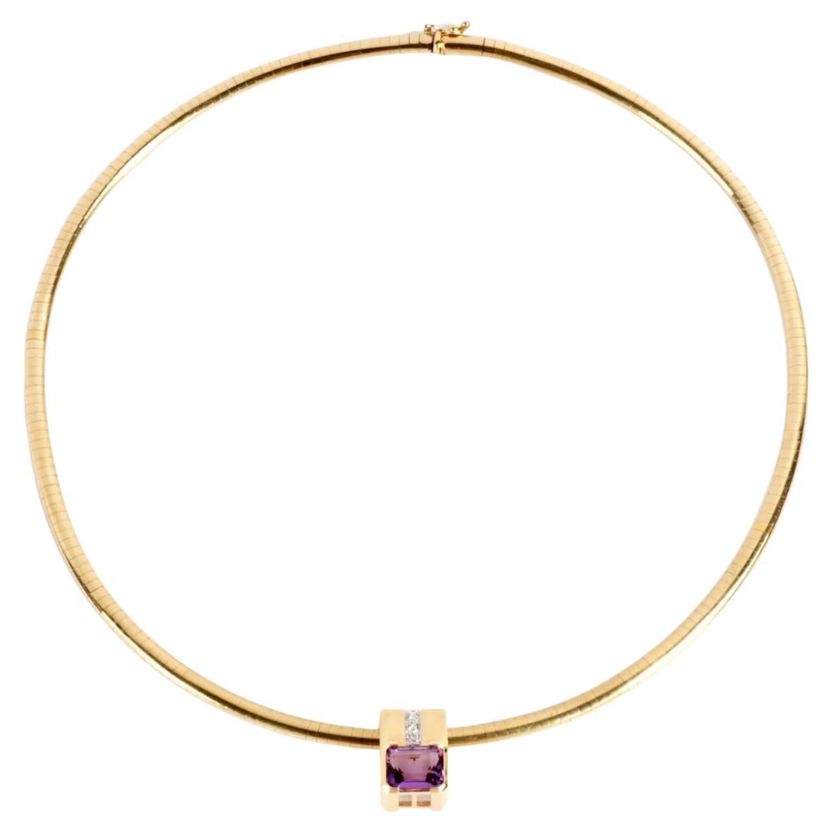 14k Gold, Amethyst, and Diamonds Omega Necklace 21 grams For Sale