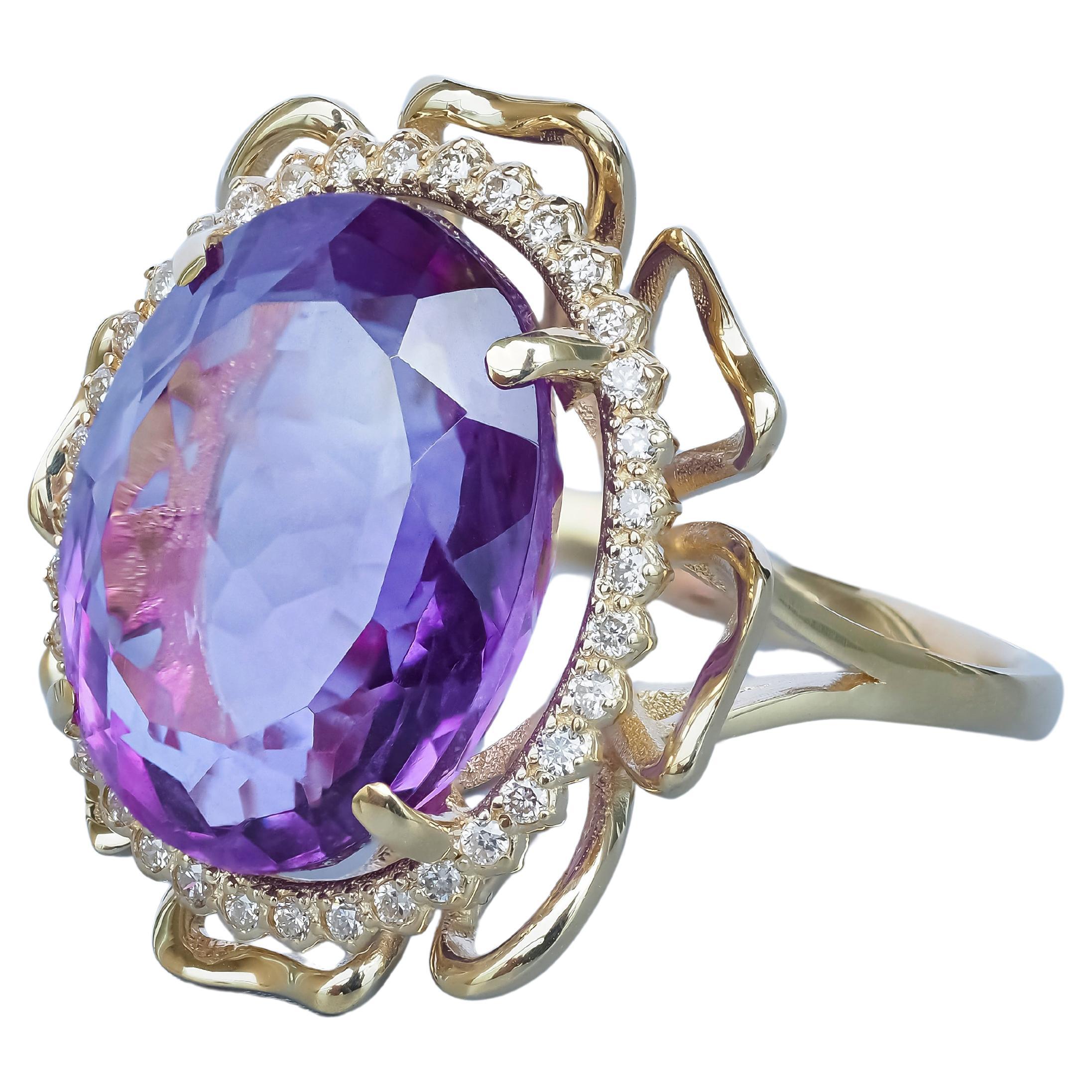 14k gold Amethyst and diamonds ring.  For Sale