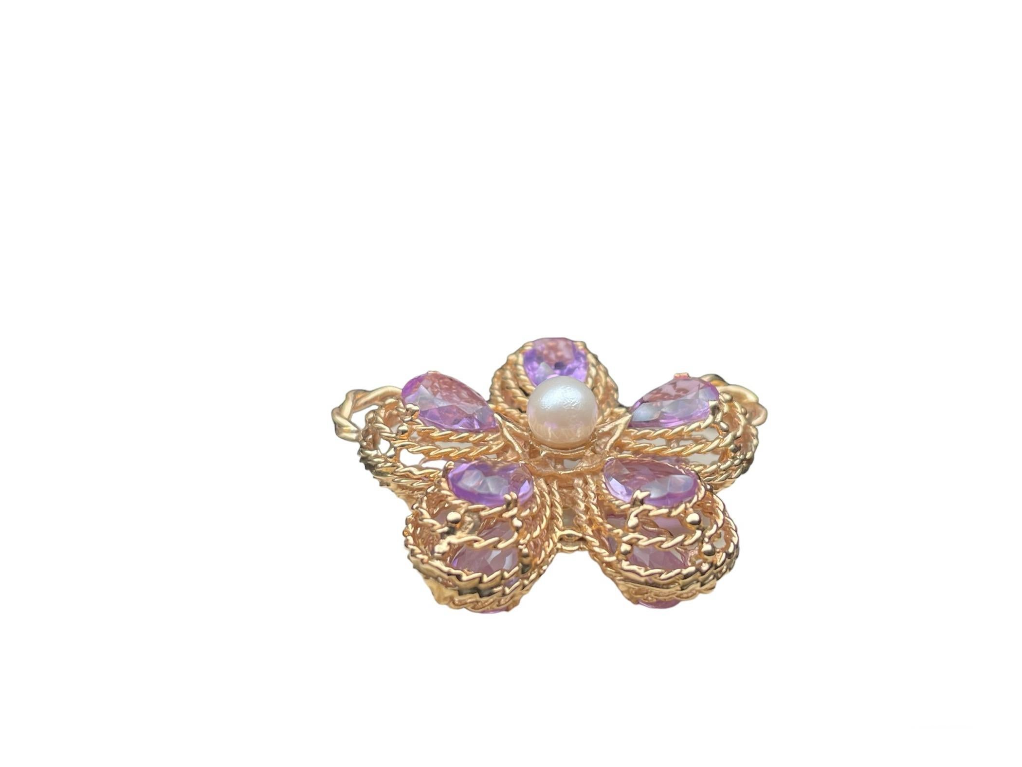 Ciondolo a forma di fiore viola con ametista e perla in oro 14K in vendita 5