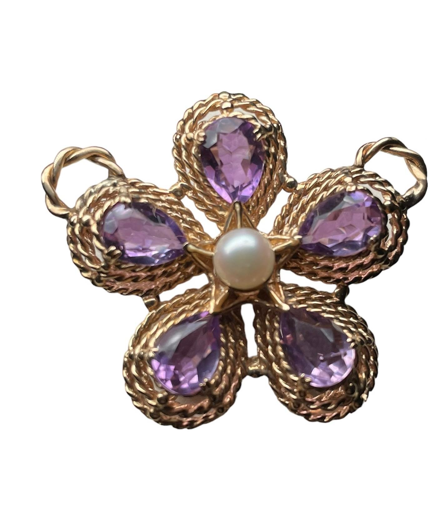 Ciondolo a forma di fiore viola con ametista e perla in oro 14K in vendita 6