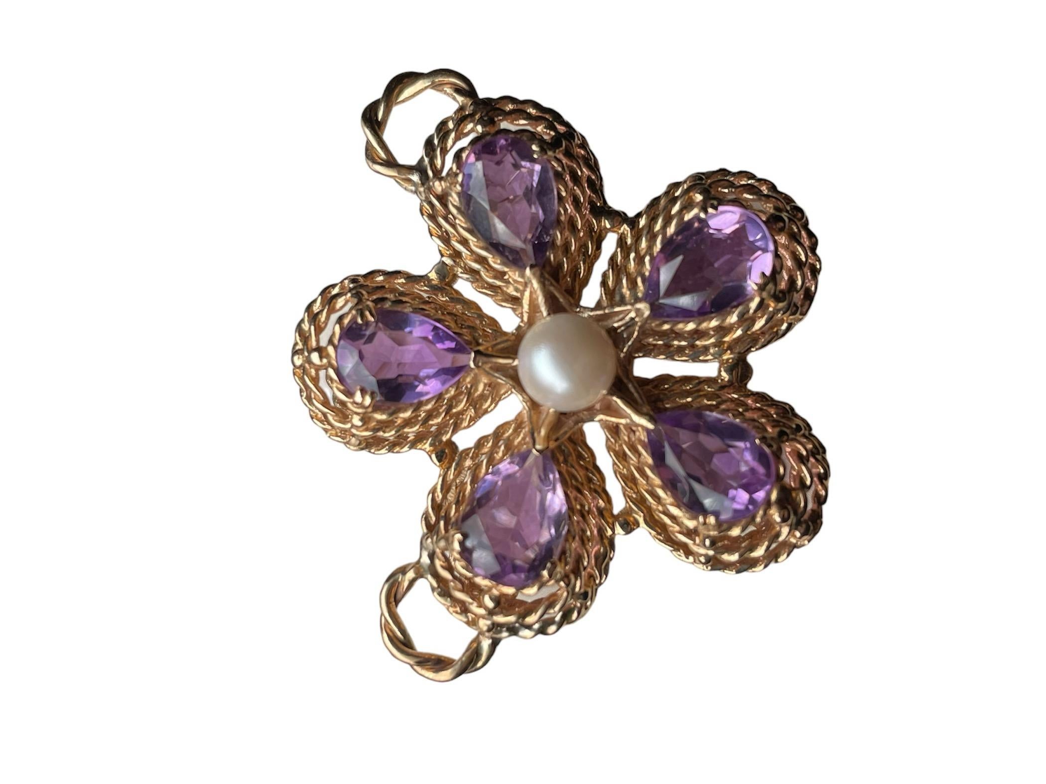 Ciondolo a forma di fiore viola con ametista e perla in oro 14K in vendita 7