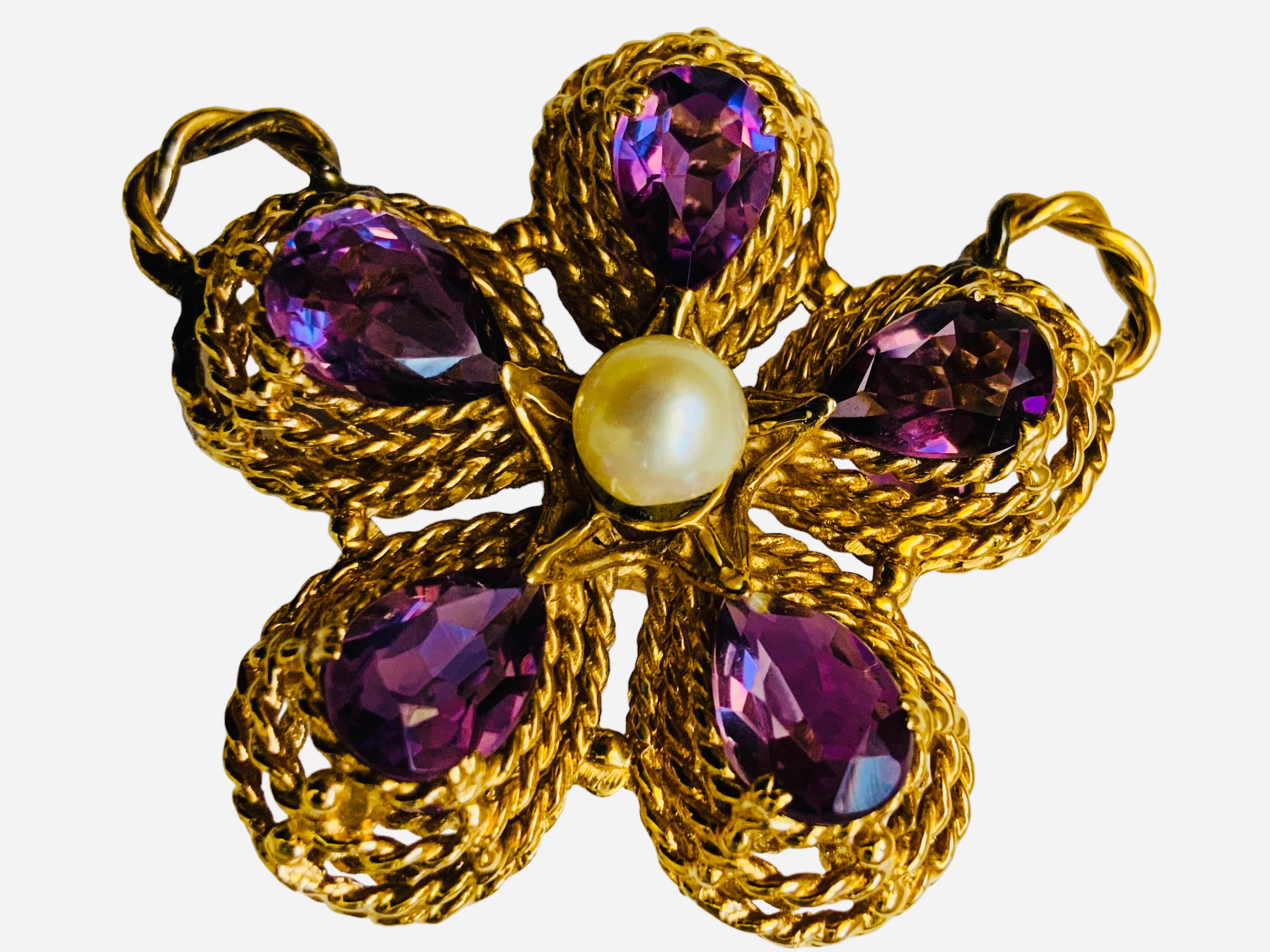Art Nouveau 14K Gold Amethyst And Pearl Violet Flower Pendant  For Sale