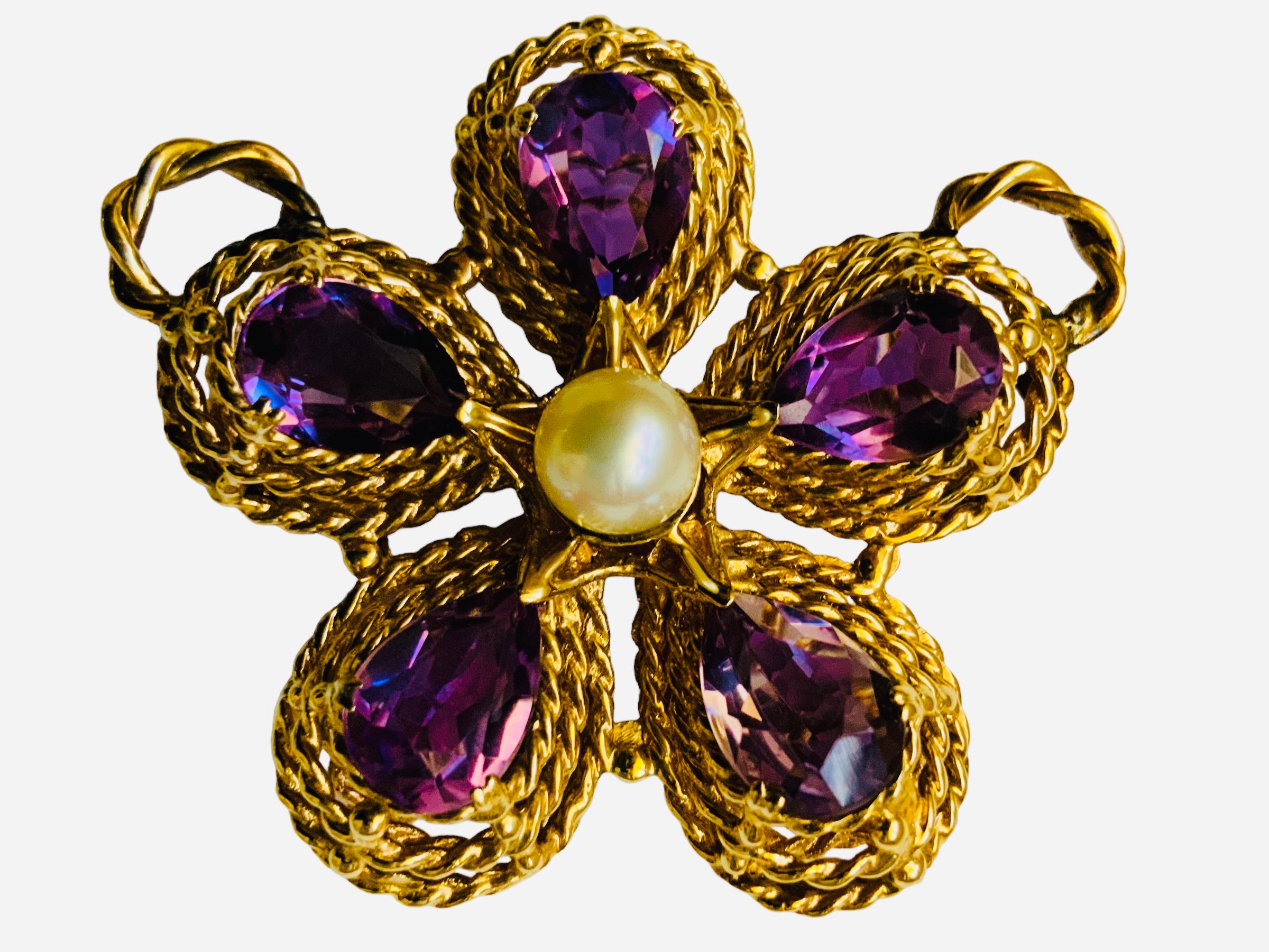 Pear Cut 14K Gold Amethyst And Pearl Violet Flower Pendant  For Sale