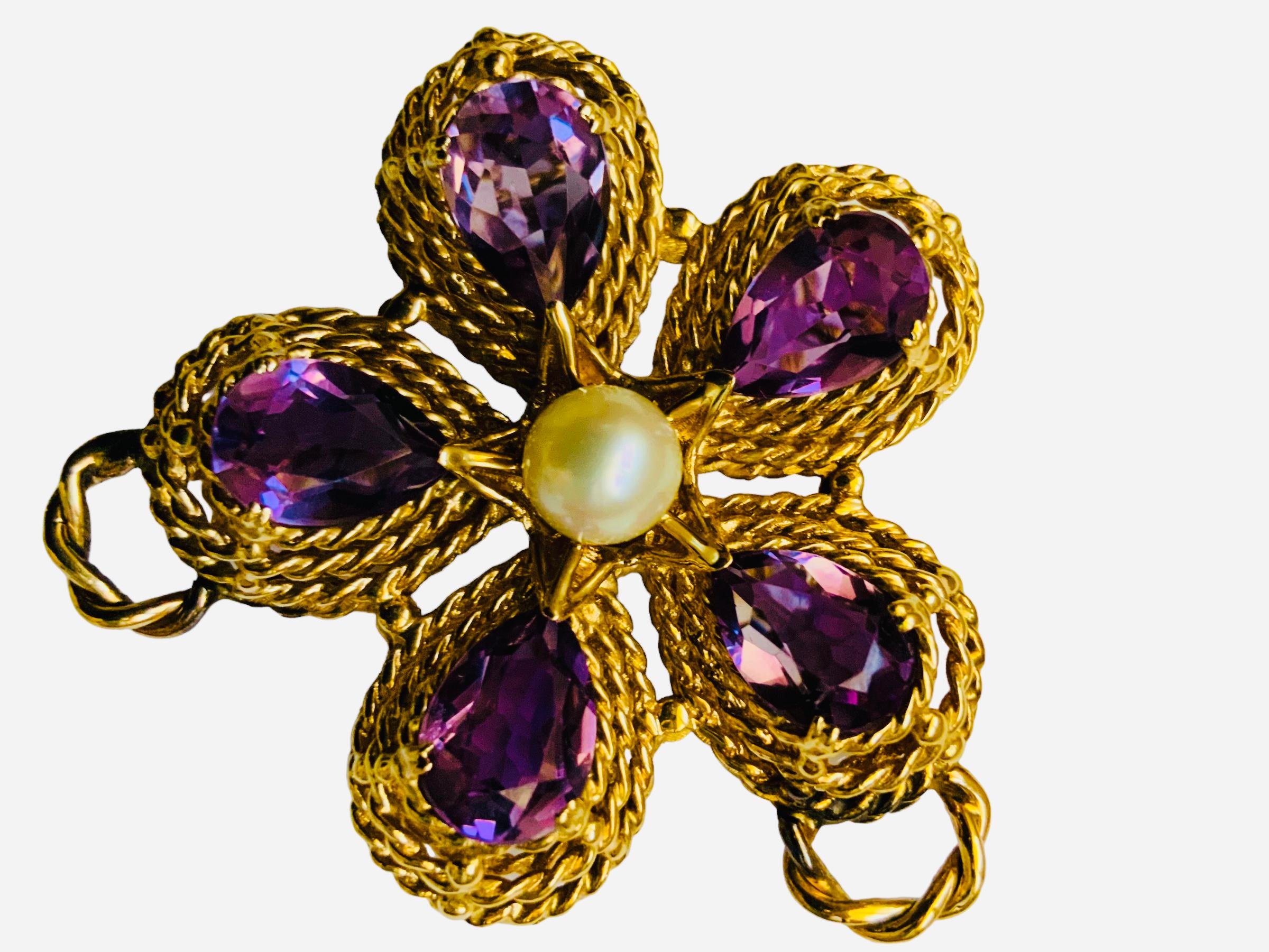 14K Gold Amethyst And Pearl Violet Flower Pendant  For Sale 1