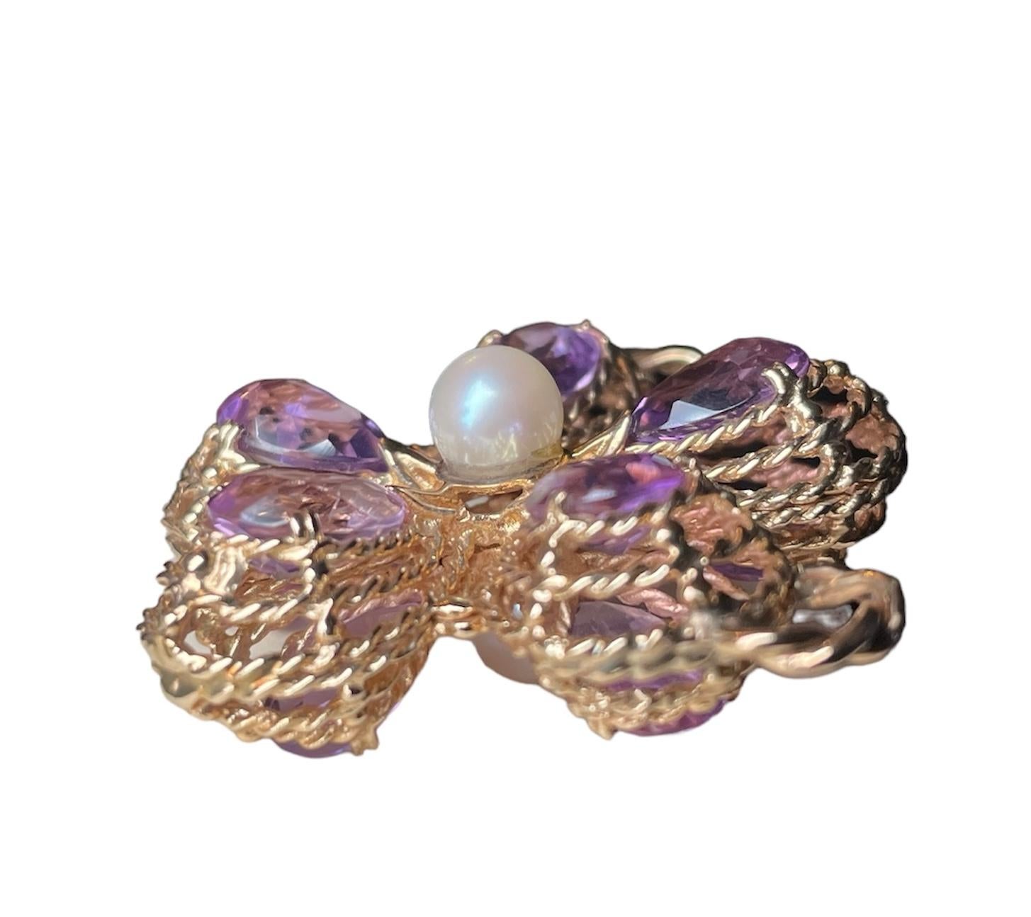 da uomo o donna Ciondolo a forma di fiore viola con ametista e perla in oro 14K in vendita