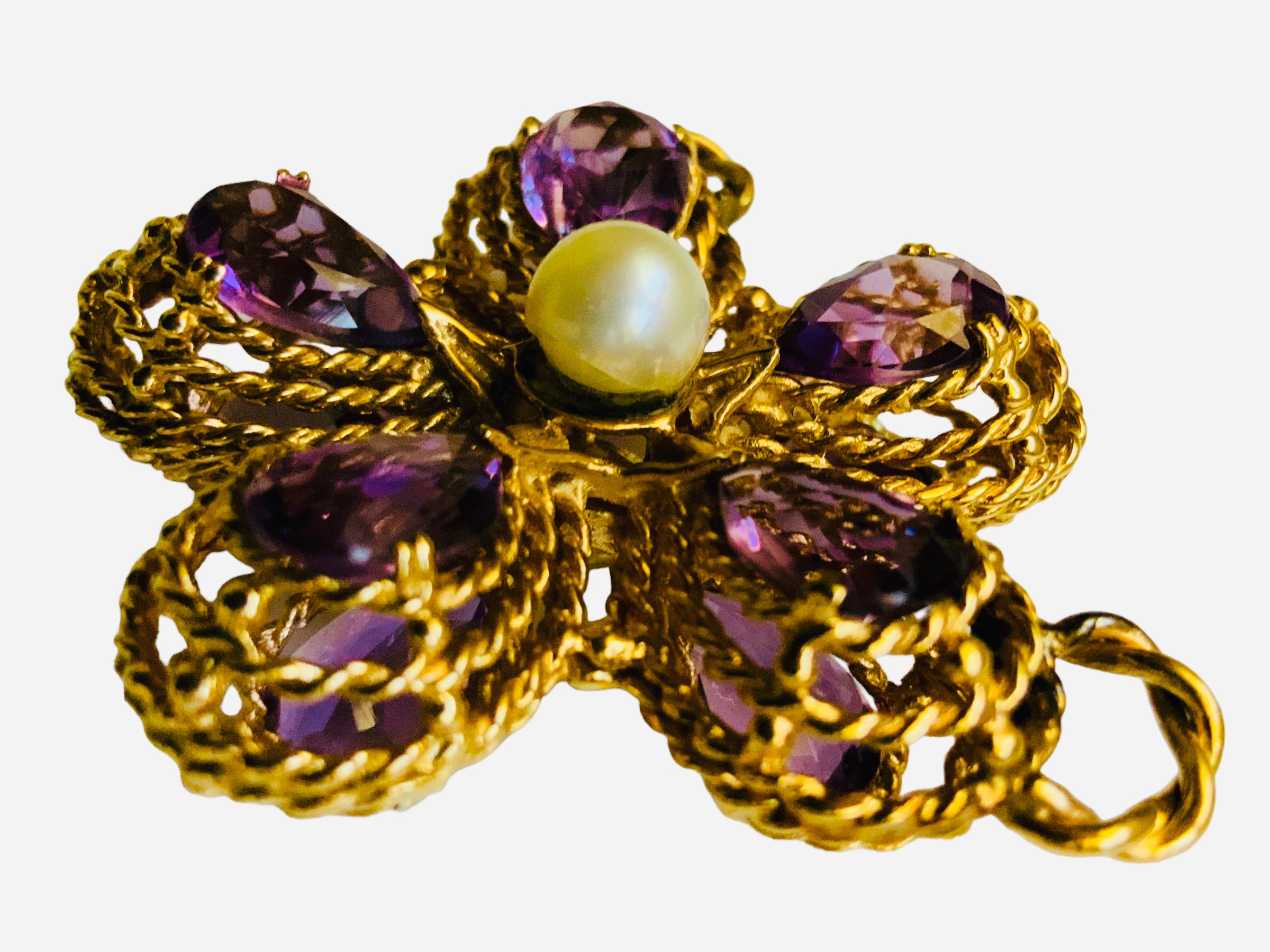 14K Gold Amethyst And Pearl Violet Flower Pendant  For Sale 2