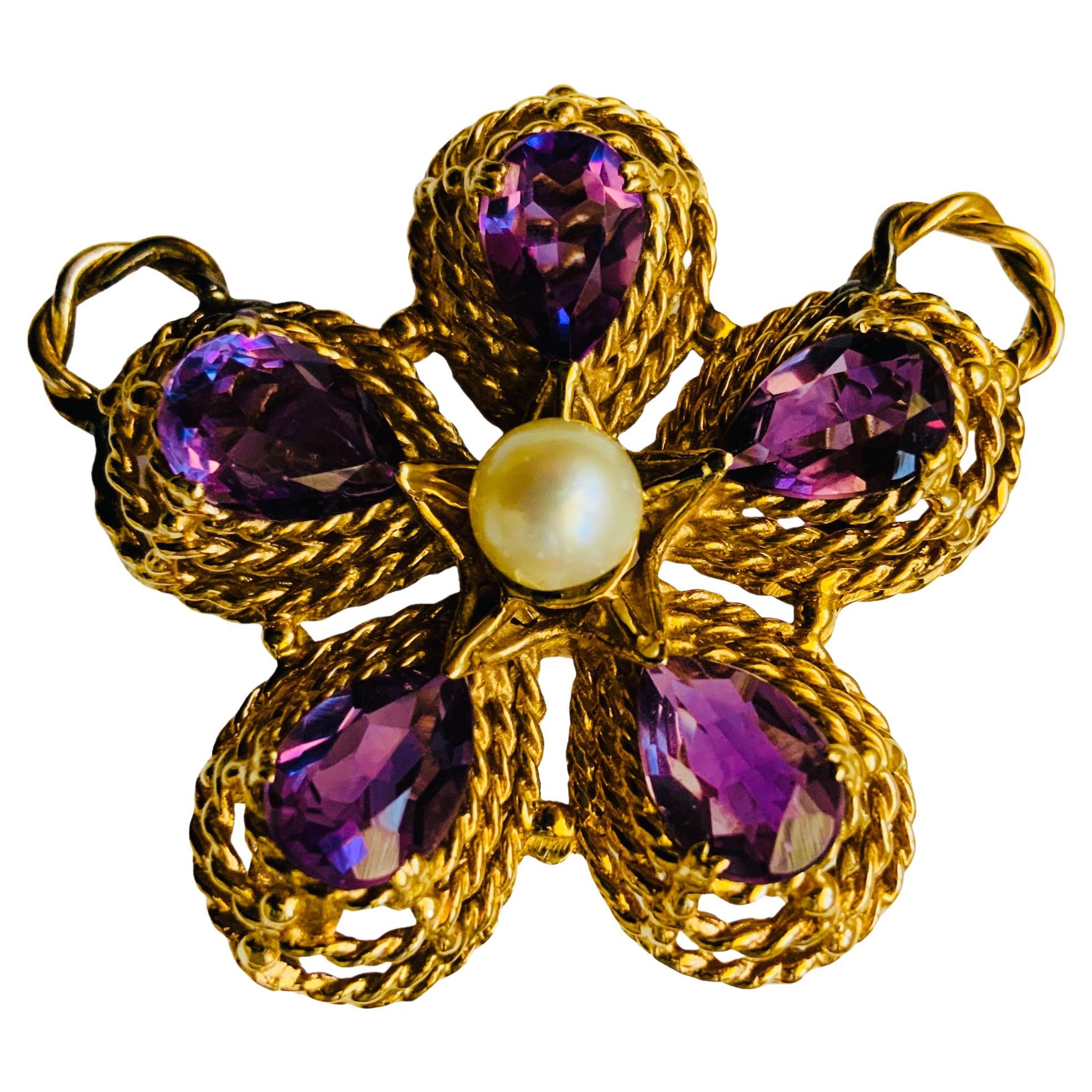 14K Gold Amethyst- und Perlen- Violett-Blumenanhänger 