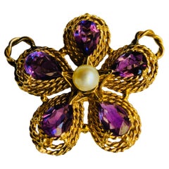 14K Gold Amethyst And Pearl Violet Flower Pendant 