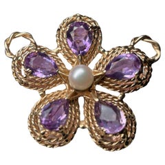 14K Gold Amethyst And Pearl Violet Flower Pendant