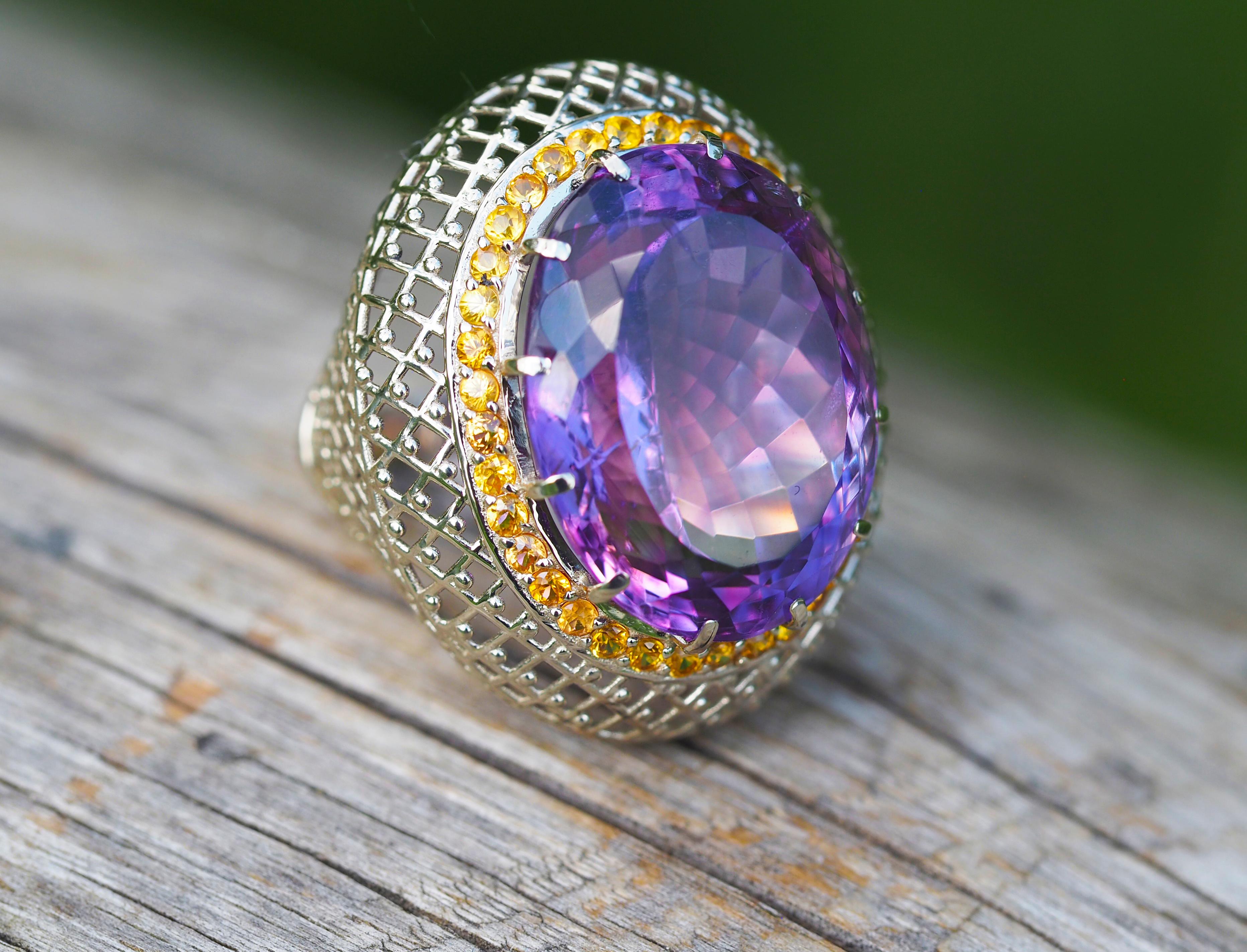 For Sale:  14k Gold Amethyst Cocktail Ring with Sapphires 7