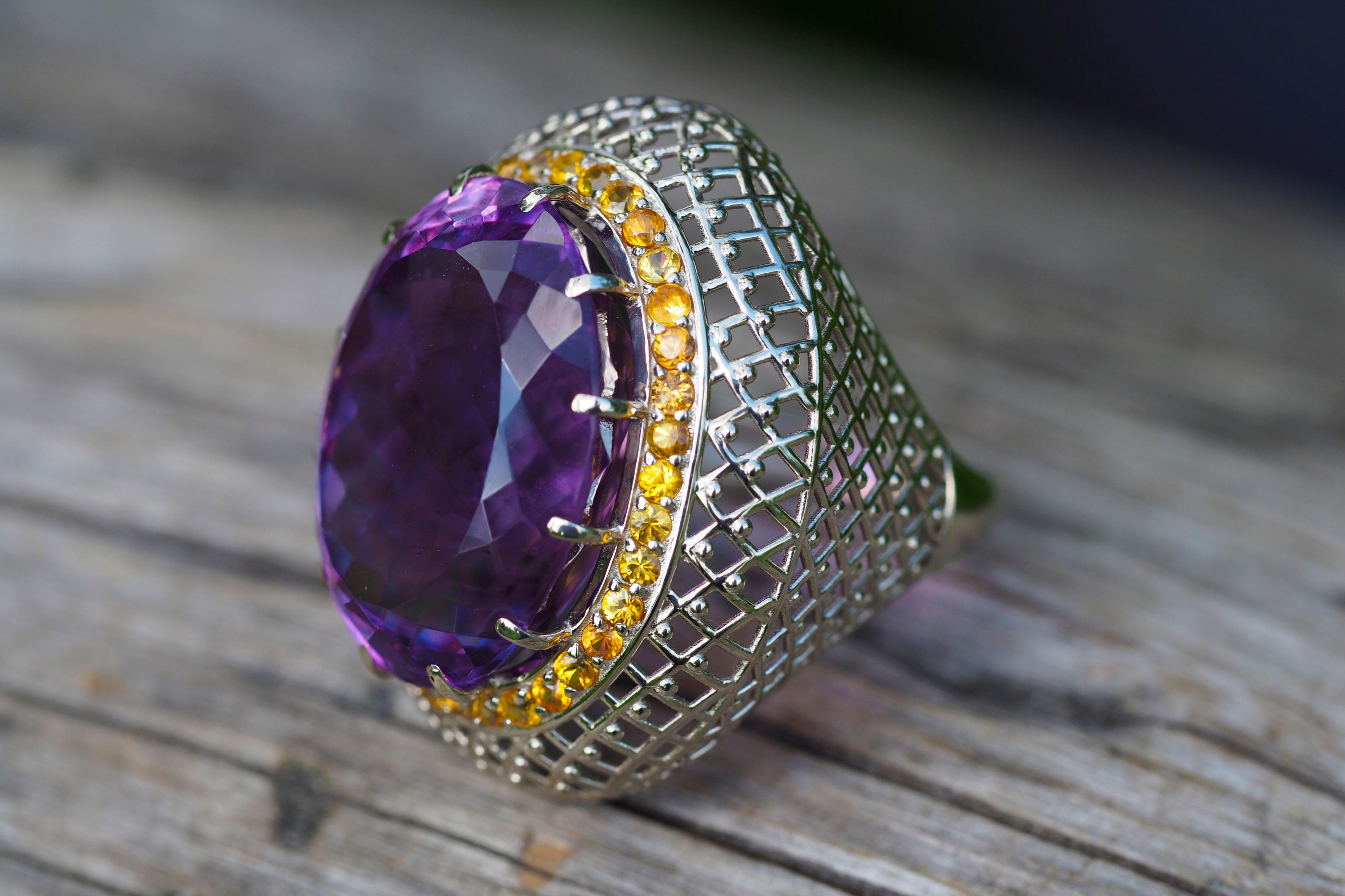For Sale:  14k Gold Amethyst Cocktail Ring with Sapphires 8