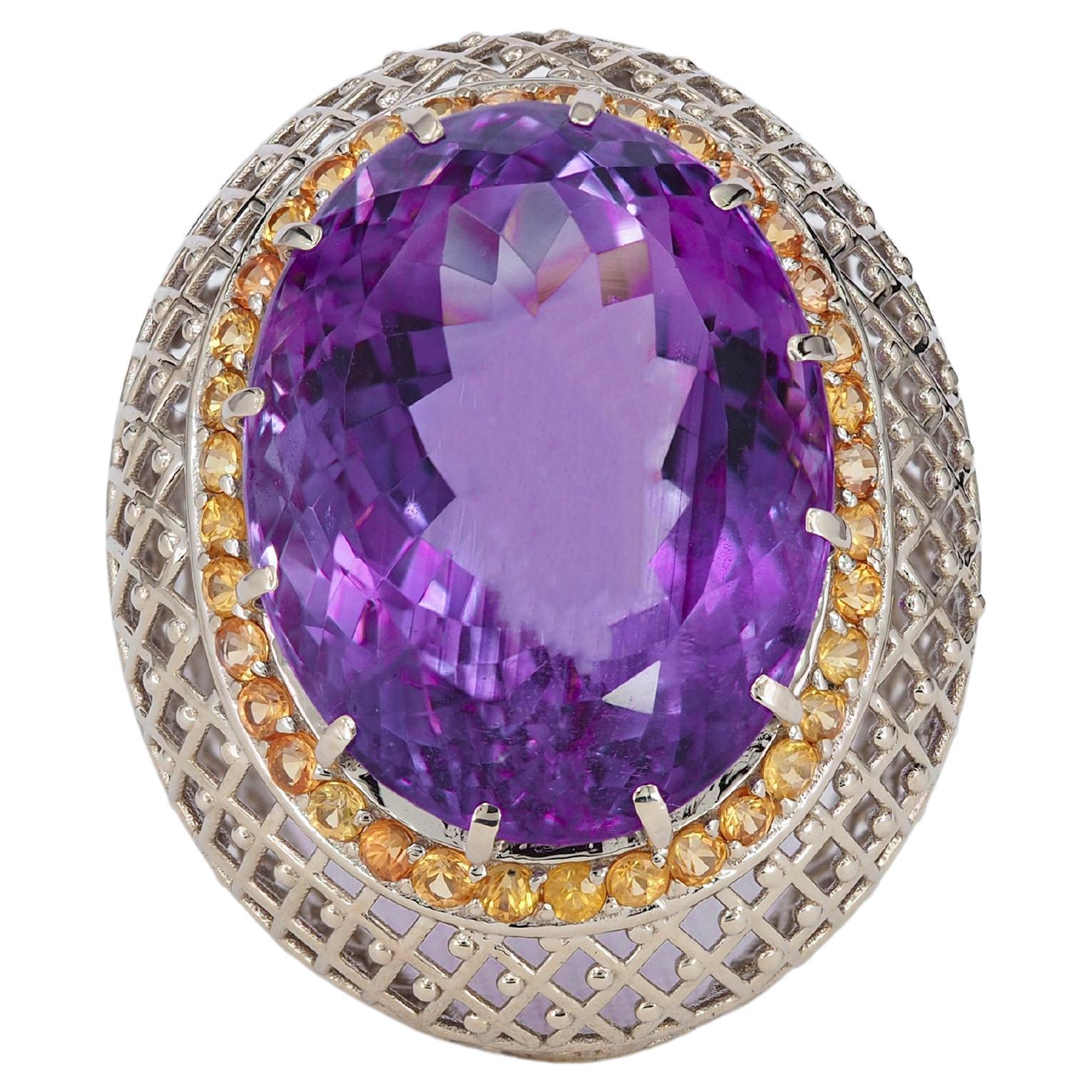 For Sale:  14k Gold Amethyst Cocktail Ring with Sapphires