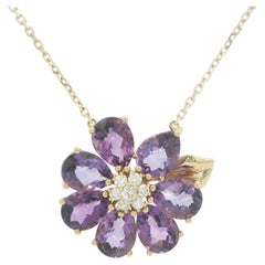 14K Gold Amethyst & Diamond Flower Necklace – 42cm
