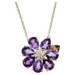 14K Gold Amethyst & Diamond Flower Necklace – 42cm