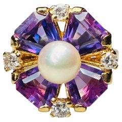 14K Gold Amethyst, Diamonds And Pearl Ring