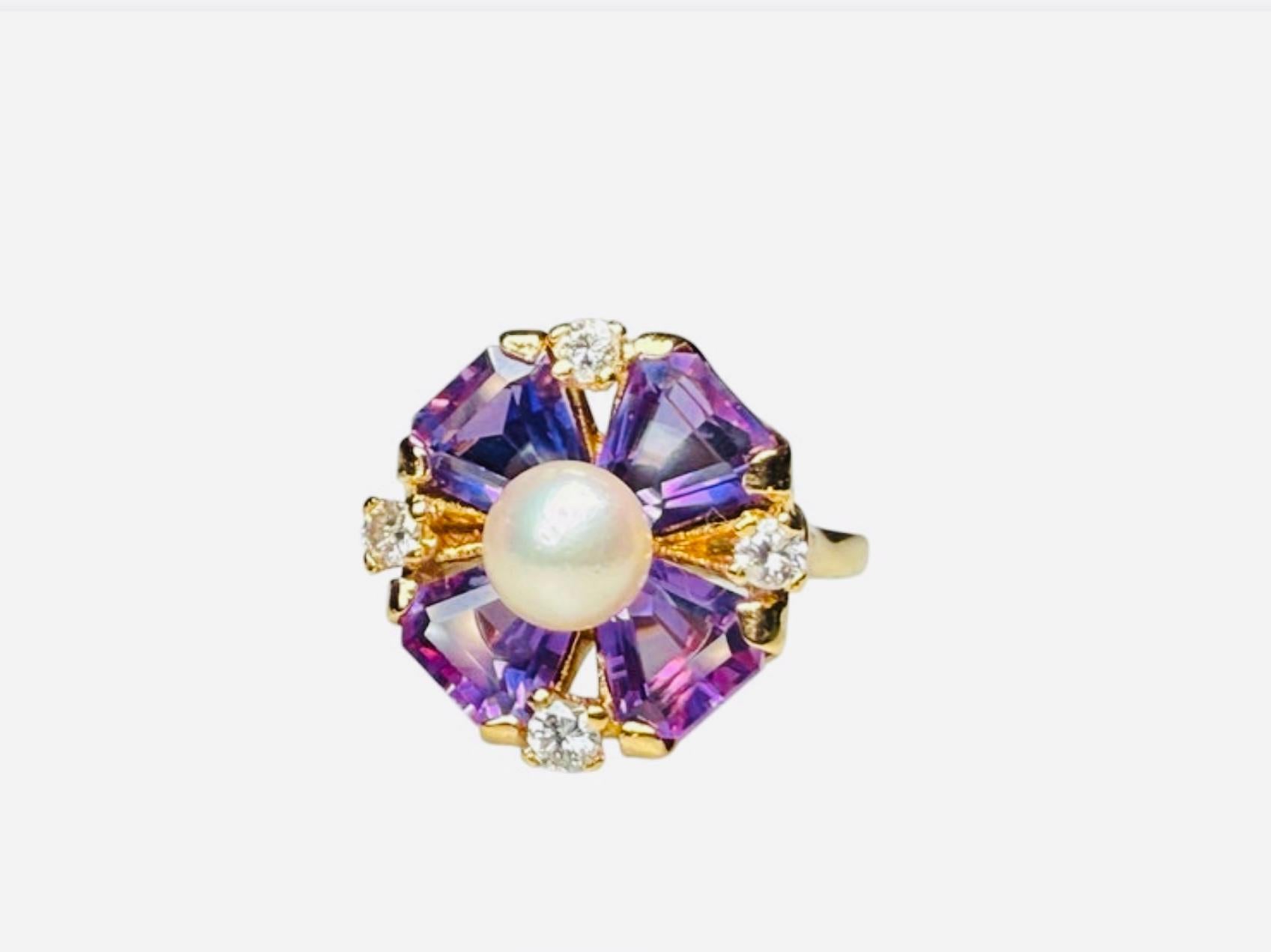 14K Gold Amethyst, Diamanten und Perlen Ring im Zustand „Gut“ im Angebot in Guaynabo, PR