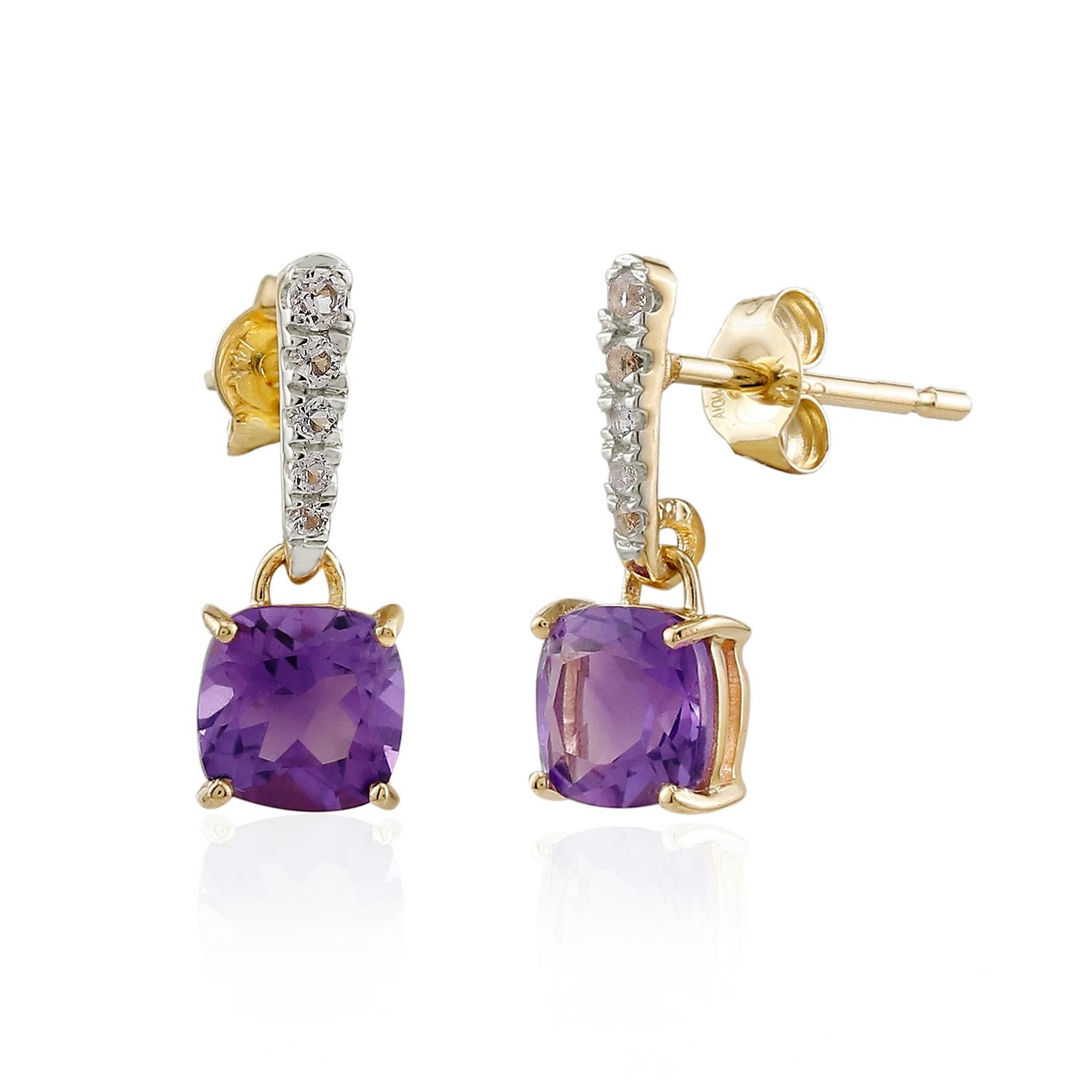 Add effortless elegance to any everyday look (or special occasion style) with these Gemistry gorgeous Amethyst drop earrings. This drop earring features 1.1 carat prong set , cushion cut Moroccan Amethyst which dangle from 14k gold bar studded with