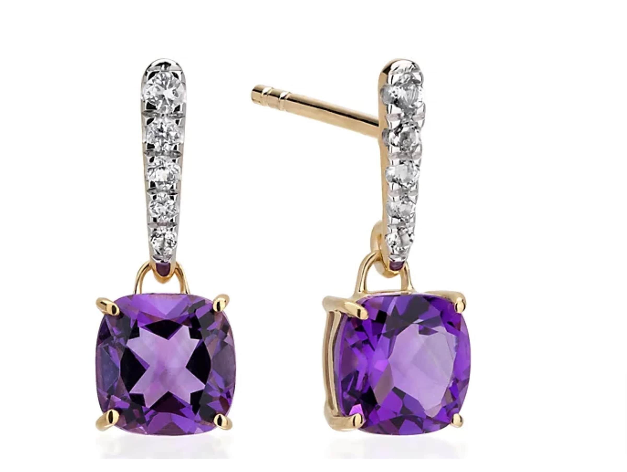 Cushion Cut Gemistry 1.1 Cts. Cushion Amethyst and 0.16 Cts. Topaz Drop Earrings in 14K Gold