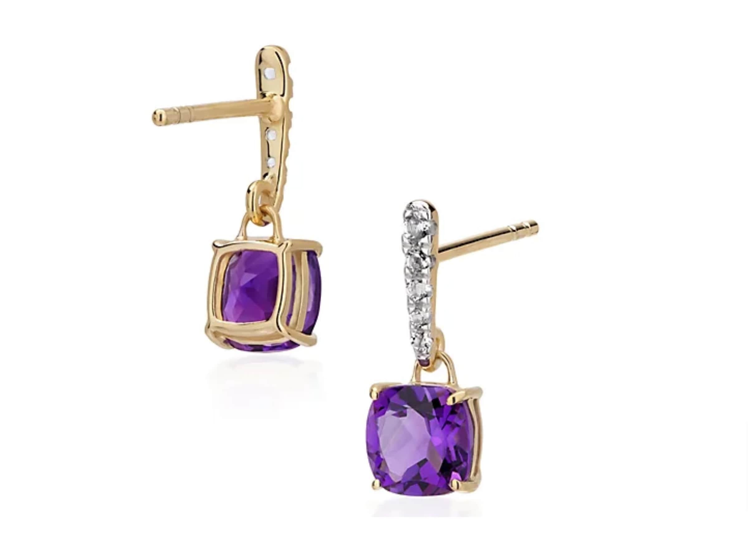 Gemistry 1.1 Cts. Cushion Amethyst and 0.16 Cts. Topaz Drop Earrings in 14K Gold In New Condition In New York, NY