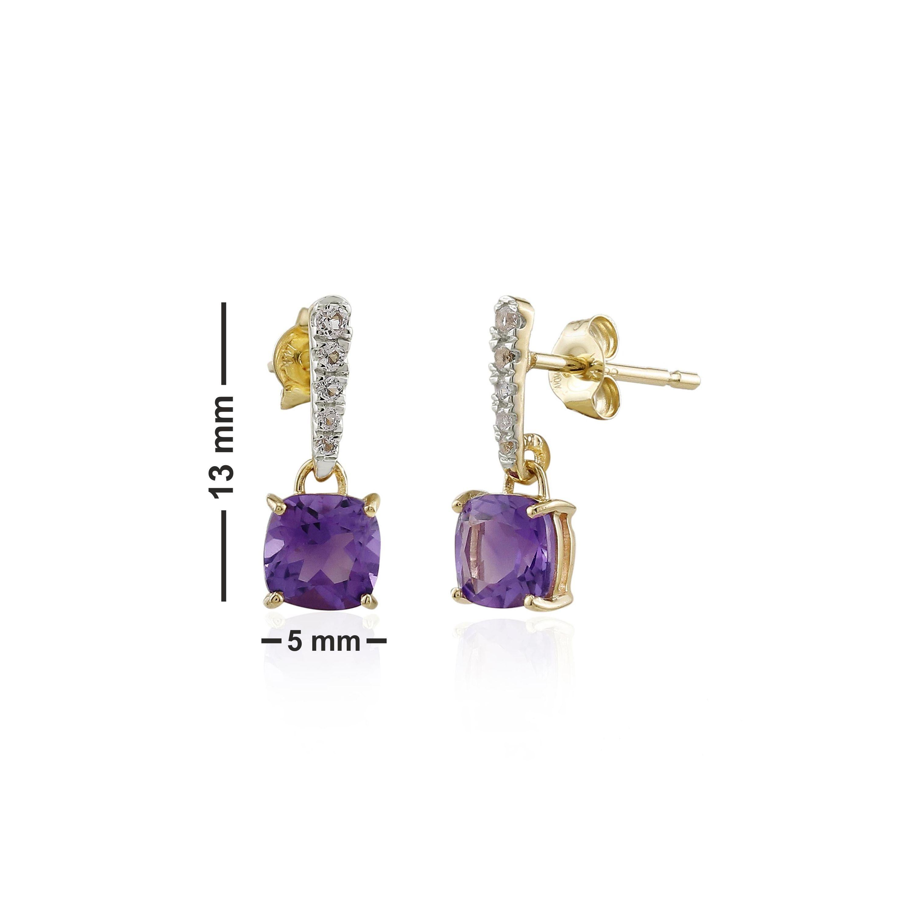 Women's Gemistry 1.1 Cts. Cushion Amethyst and 0.16 Cts. Topaz Drop Earrings in 14K Gold