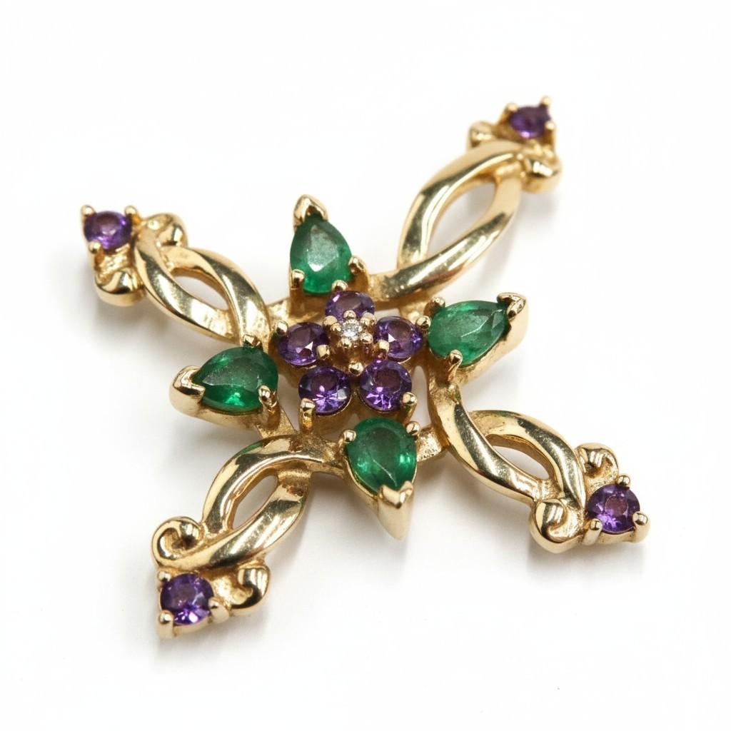 14k Gold Amethyst Smaragd Diamant Vintage Anhänger von House of Igor Carl Fabergé im Zustand „Gut“ im Angebot in New York, NY