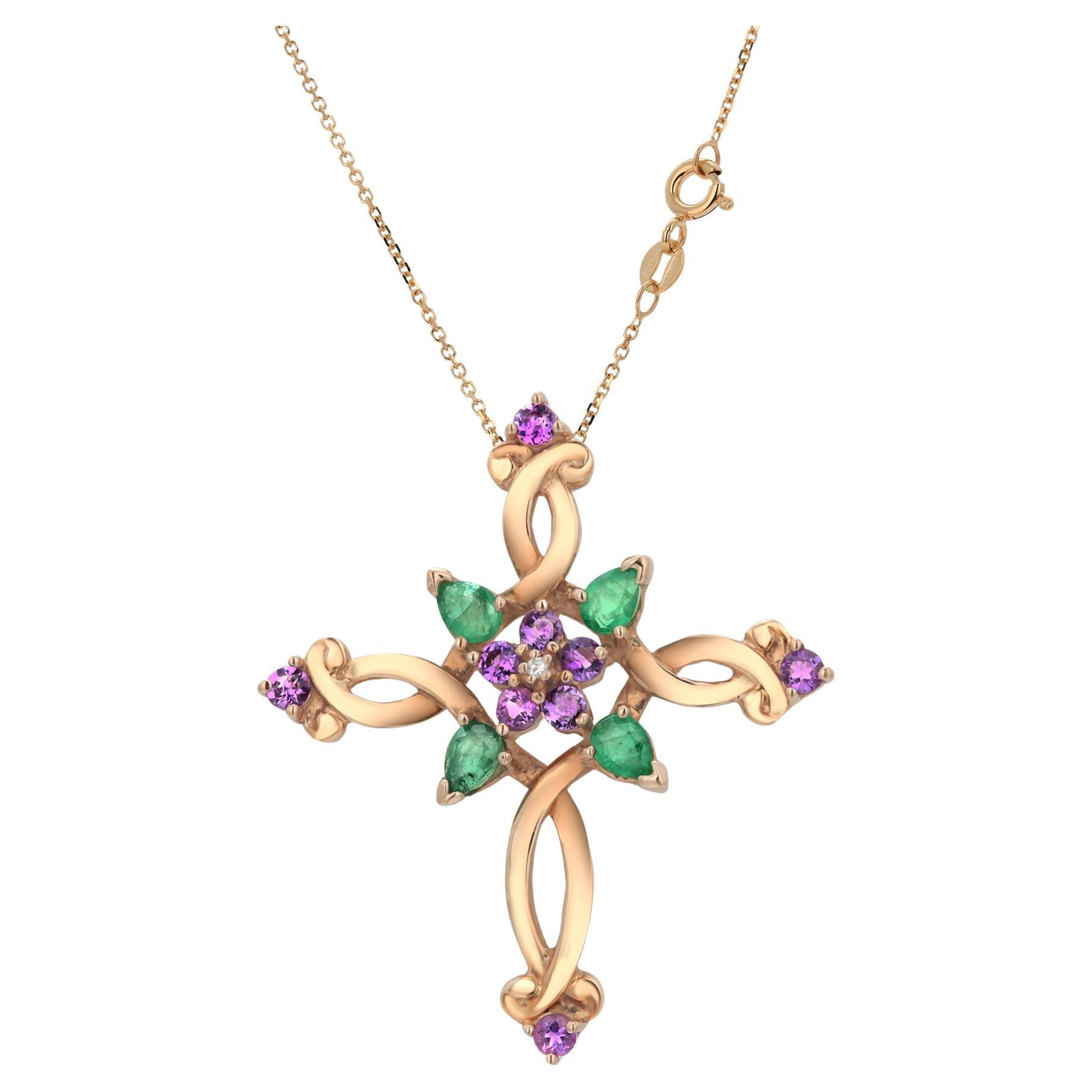 Pendentif Vintage en or 14k Améthyste Emeraude Diamant par House of Igor Carl Fabergé
