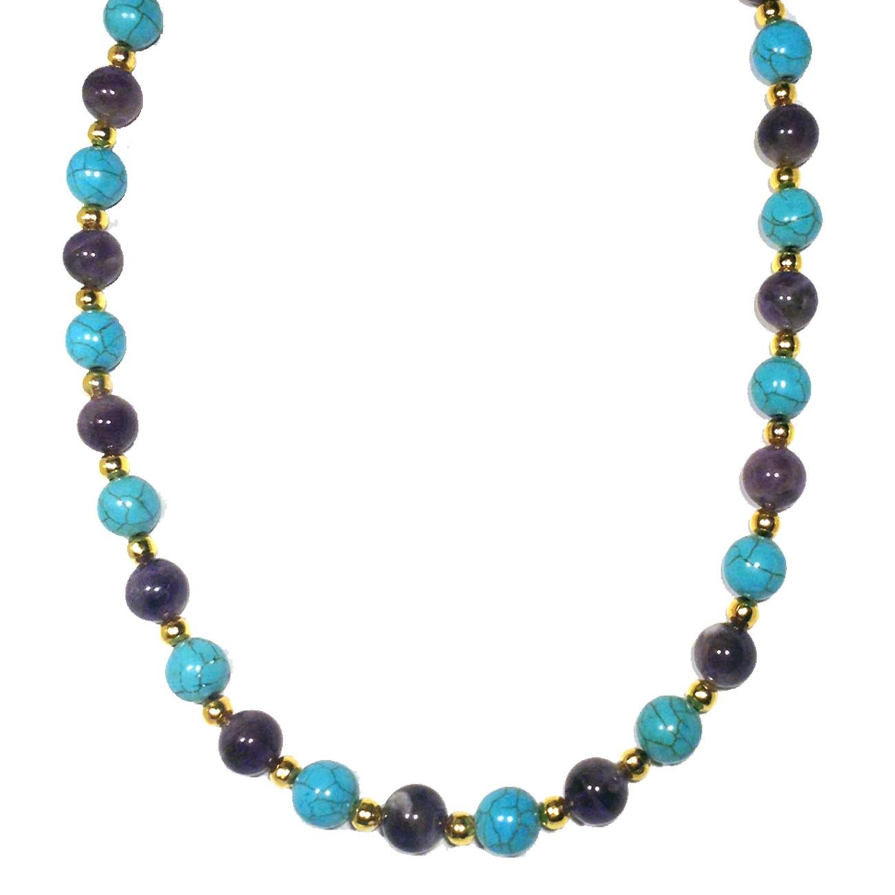 Make a bold statement with our 14k Gold Amethyst and Howlite dyed Turquoise Beaded Necklace, a striking piece that blends vibrant colors, luxurious materials, and natural textures. This exquisite necklace features the deep, regal purple of amethyst