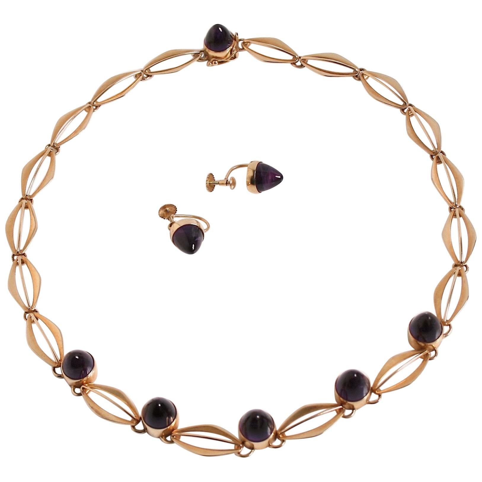  14k Gold & Amethyst Necklace & Earring Set For Sale