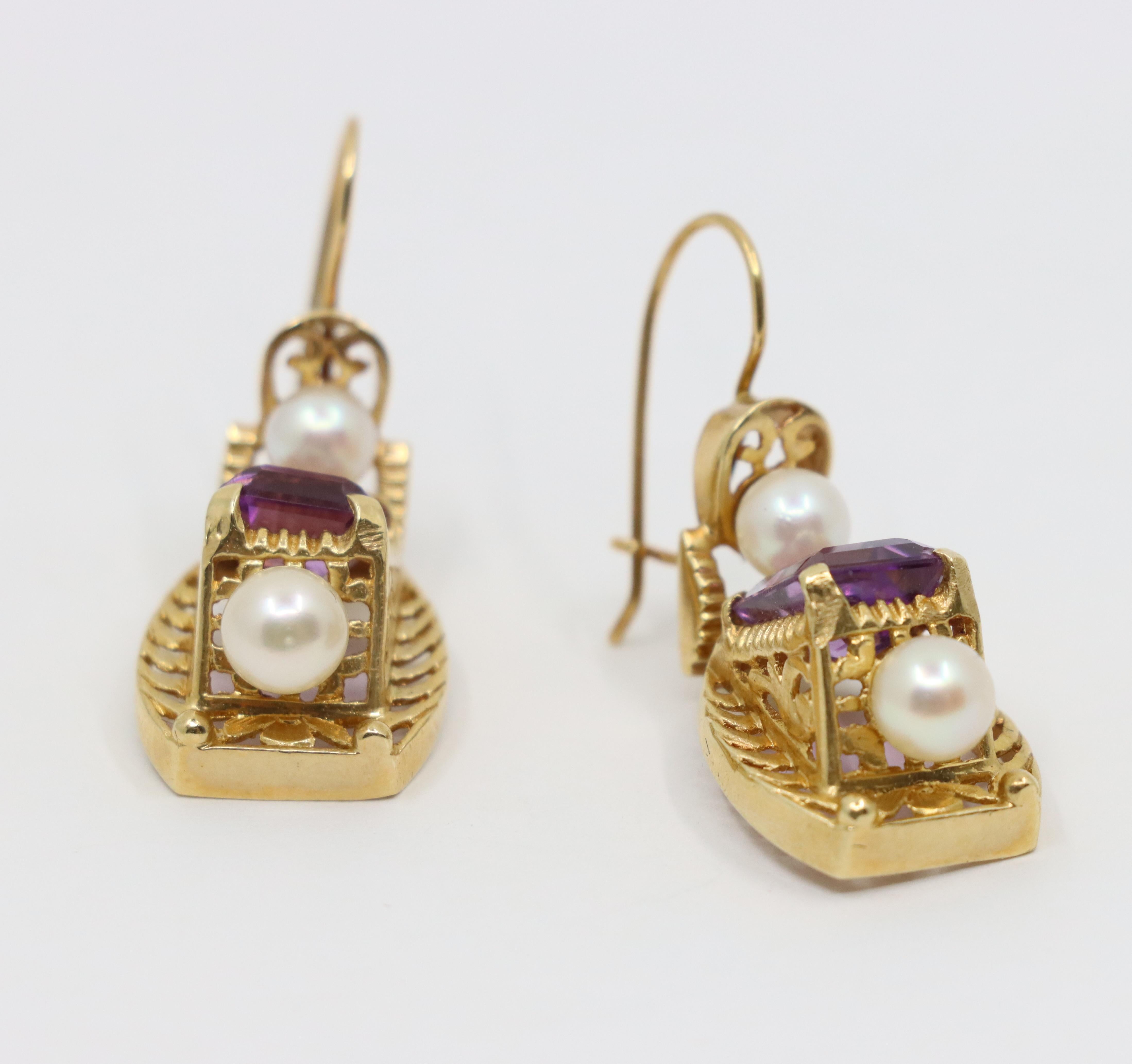 14K Gold Amethyst Pearl Earring For Sale 1