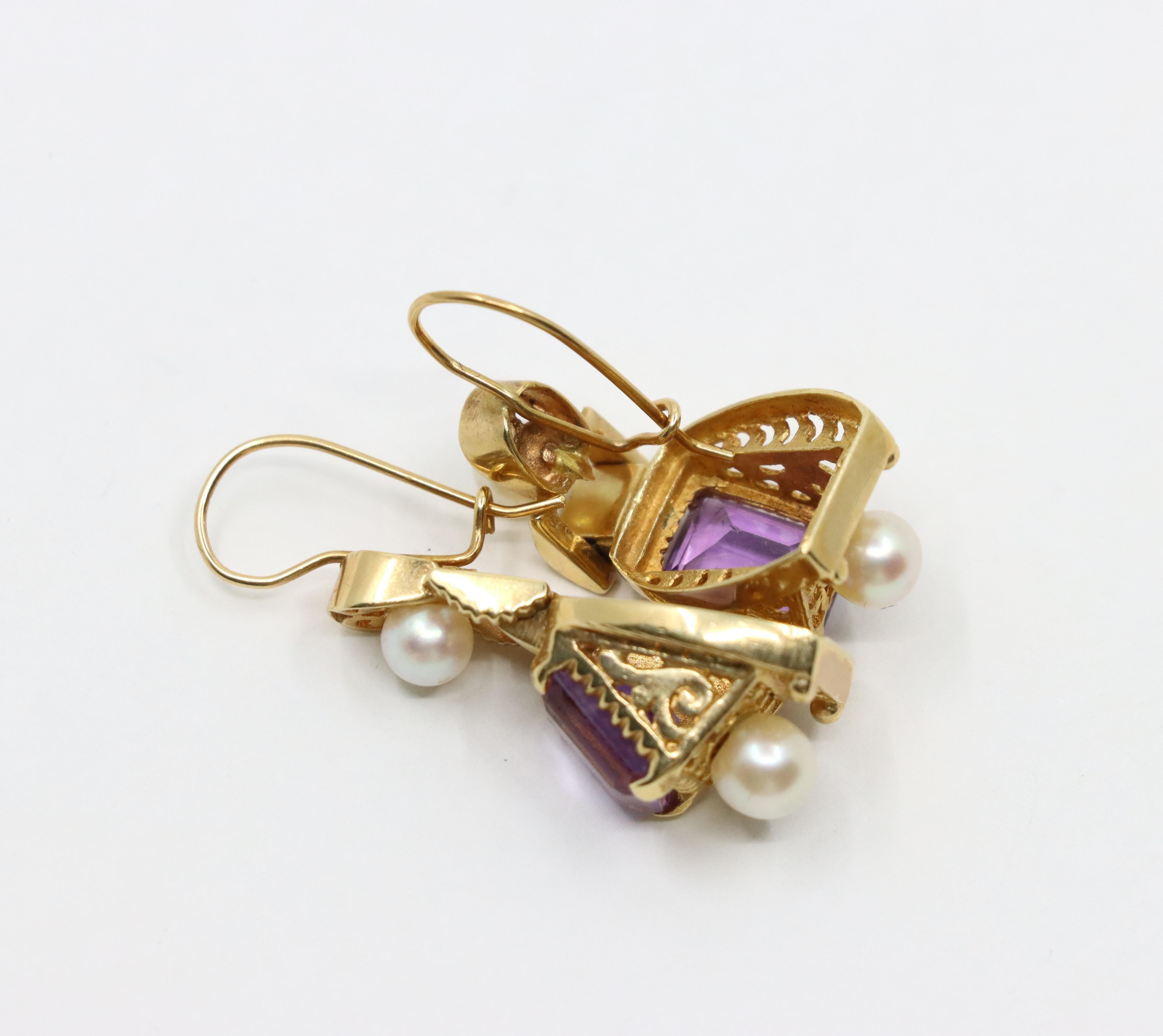 14K Gold Amethyst Pearl Earring For Sale 3