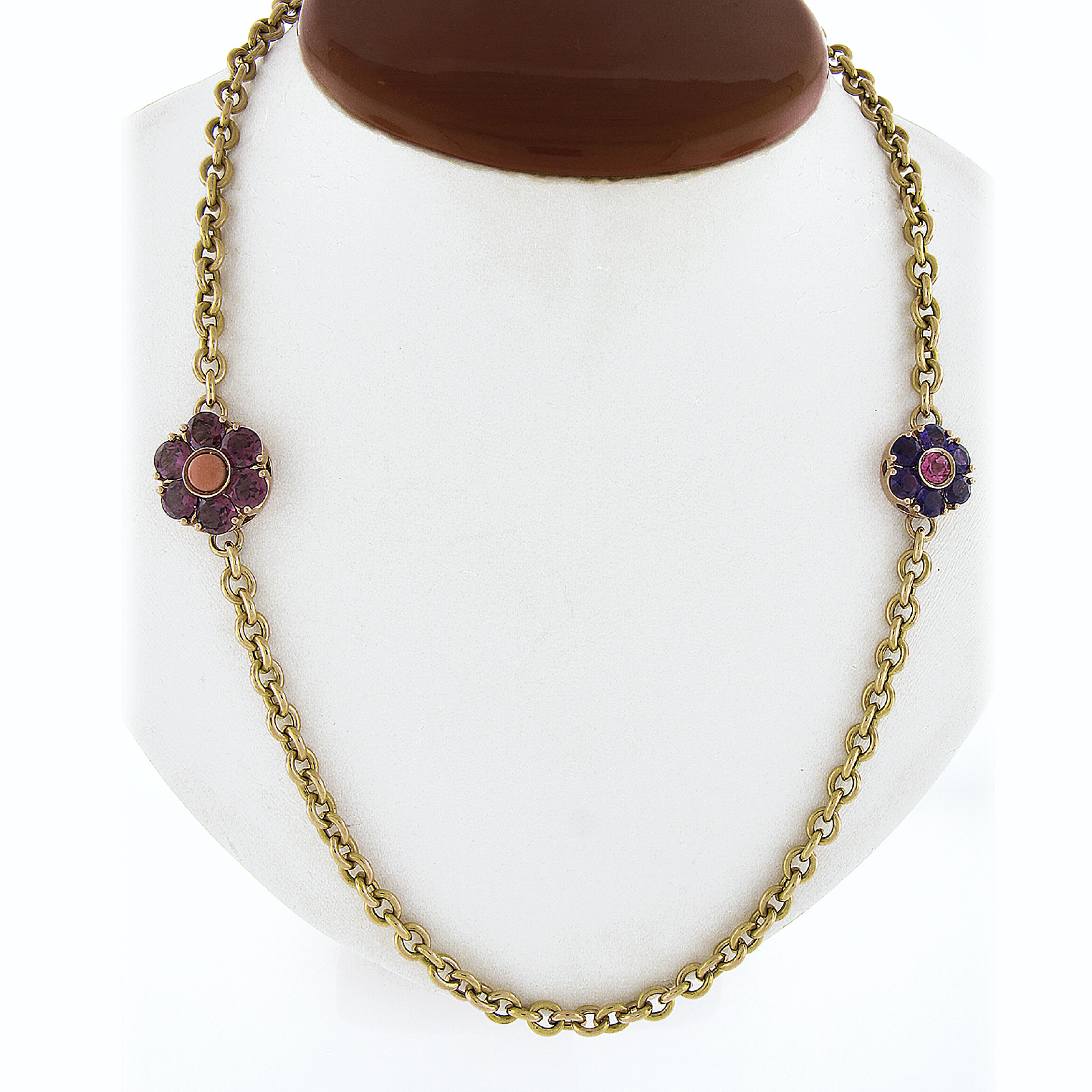 Lange florale Halskette aus 14 Karat Gold mit Amethyst, Rhodolith, Granat, Turmalin und Koralle (Rundschliff) im Angebot