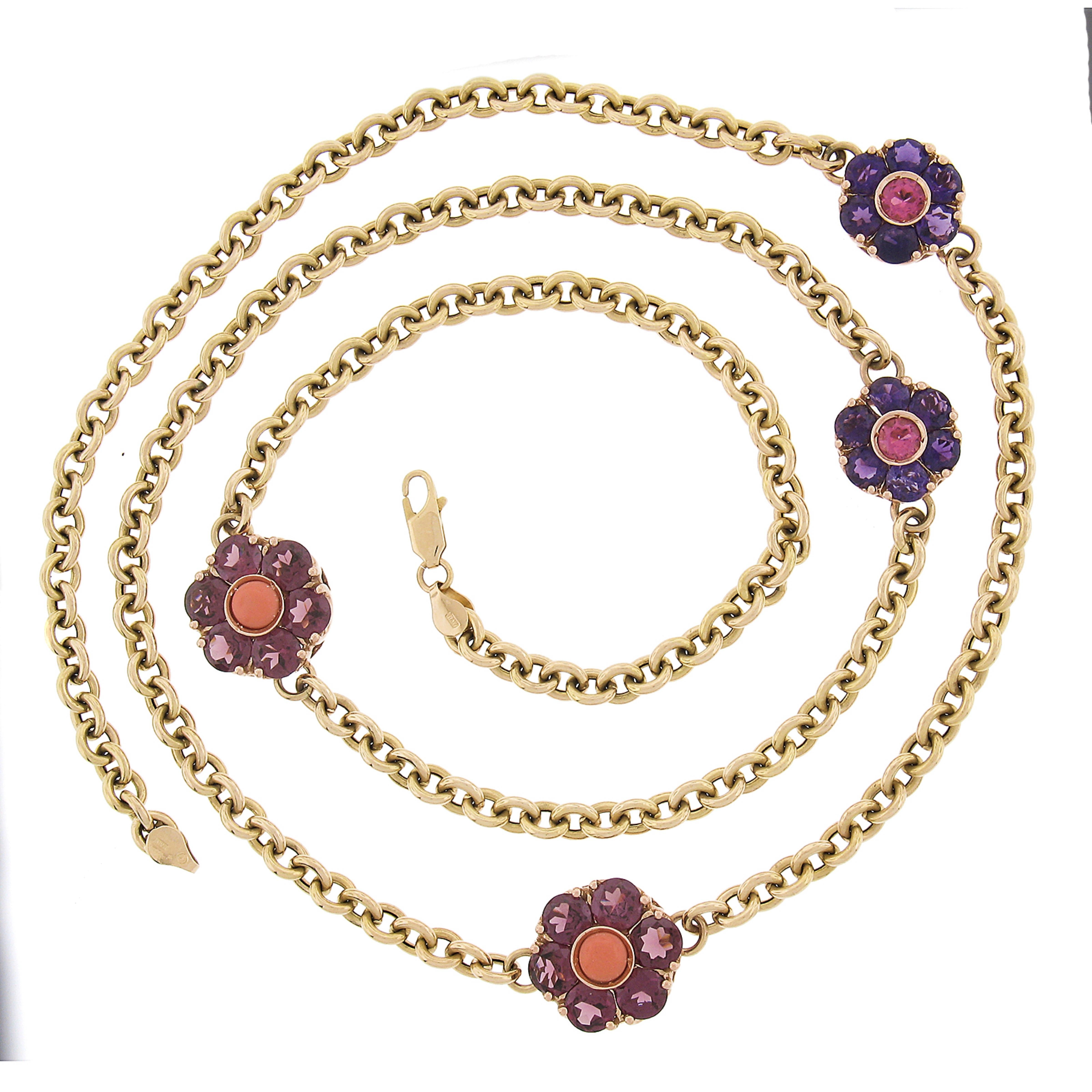Lange florale Halskette aus 14 Karat Gold mit Amethyst, Rhodolith, Granat, Turmalin und Koralle Damen im Angebot