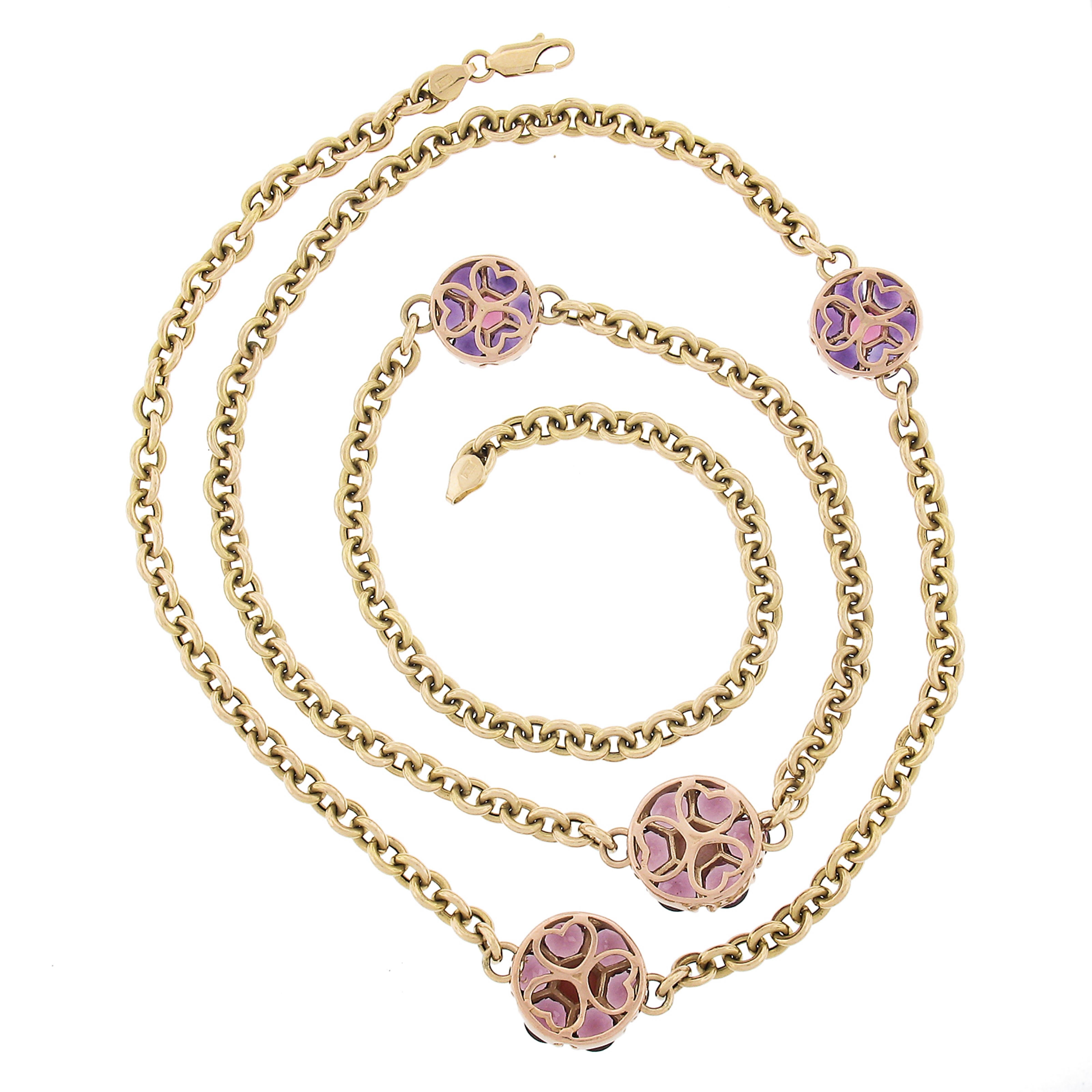Lange florale Halskette aus 14 Karat Gold mit Amethyst, Rhodolith, Granat, Turmalin und Koralle im Angebot 1