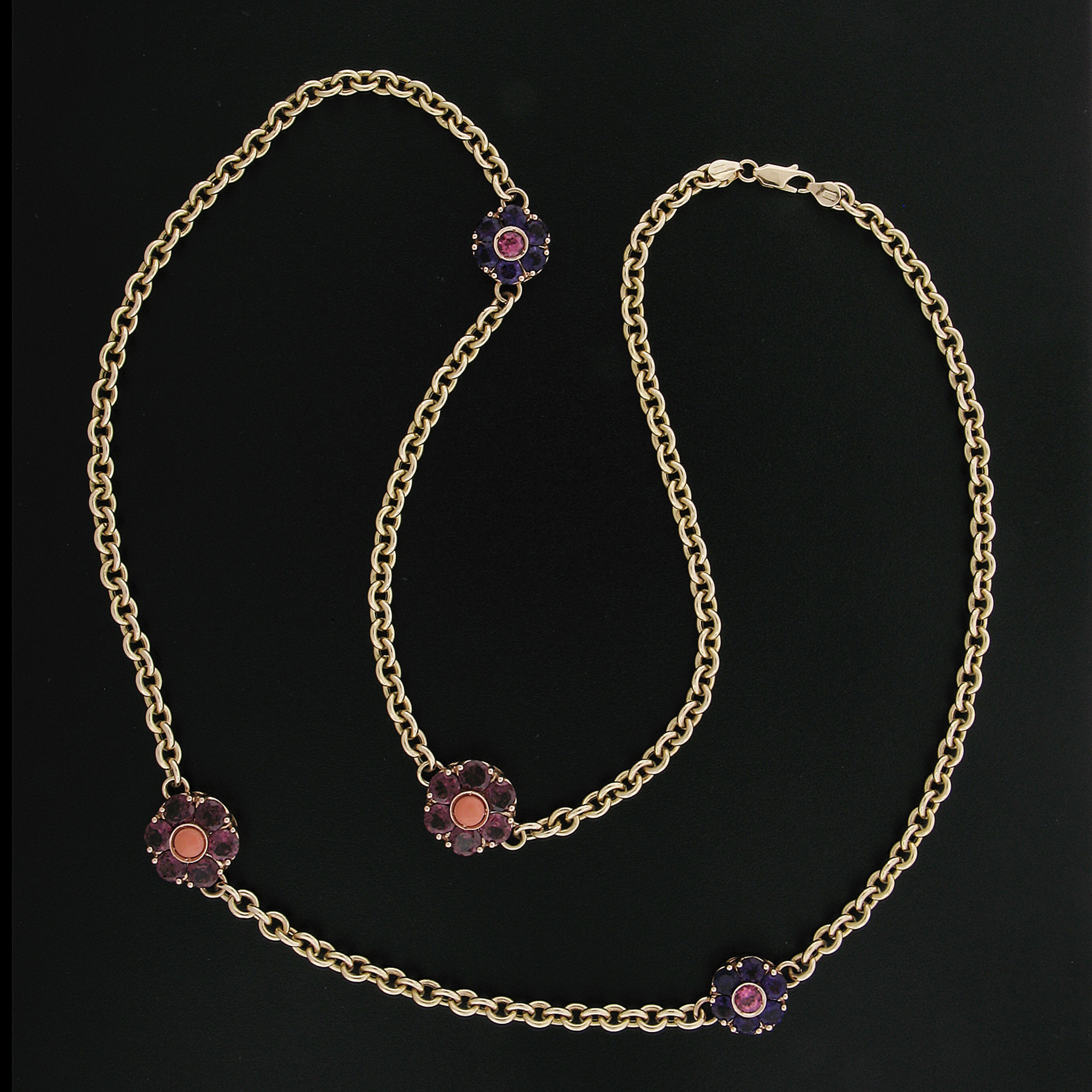 Lange florale Halskette aus 14 Karat Gold mit Amethyst, Rhodolith, Granat, Turmalin und Koralle im Angebot 2