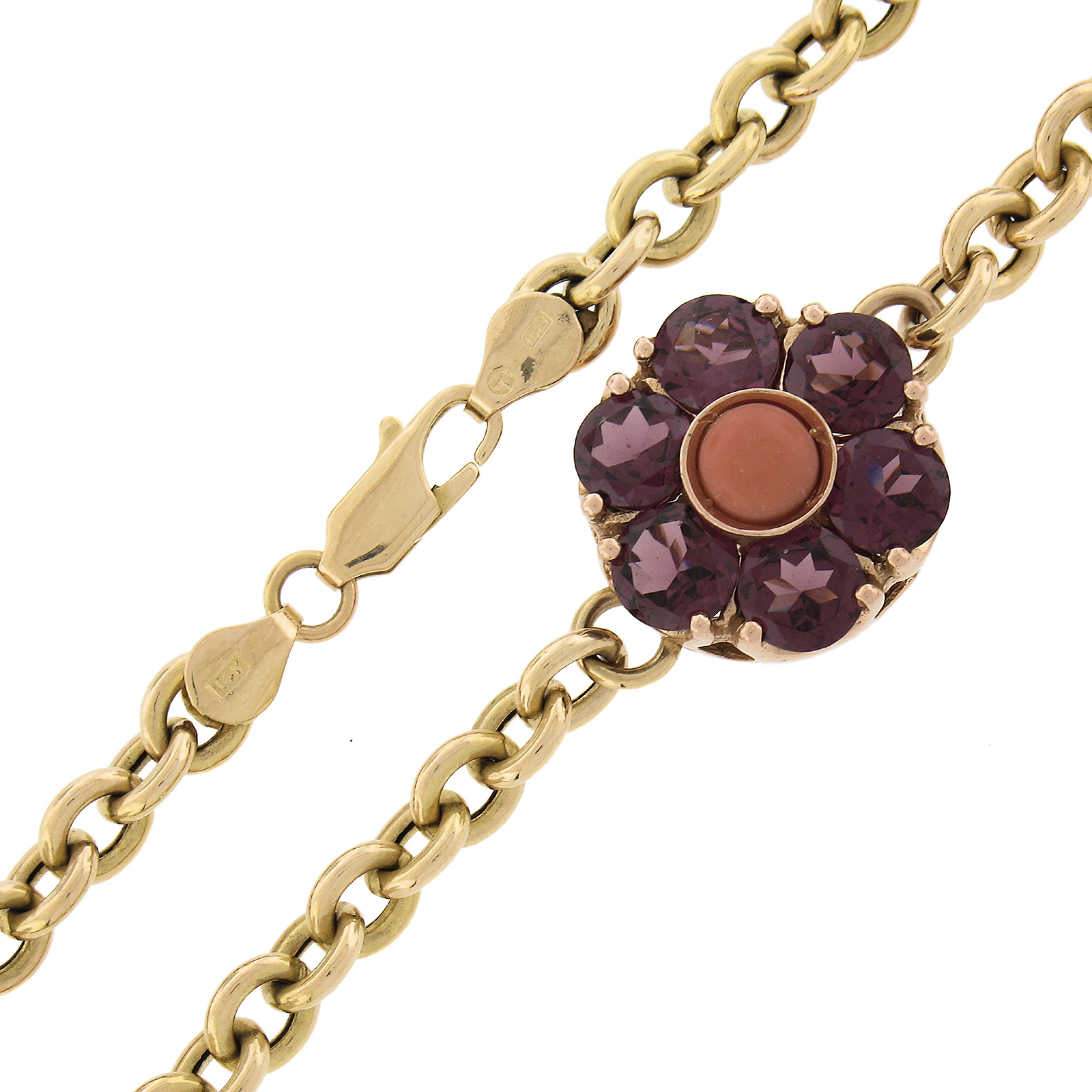 Lange florale Halskette aus 14 Karat Gold mit Amethyst, Rhodolith, Granat, Turmalin und Koralle im Angebot 3